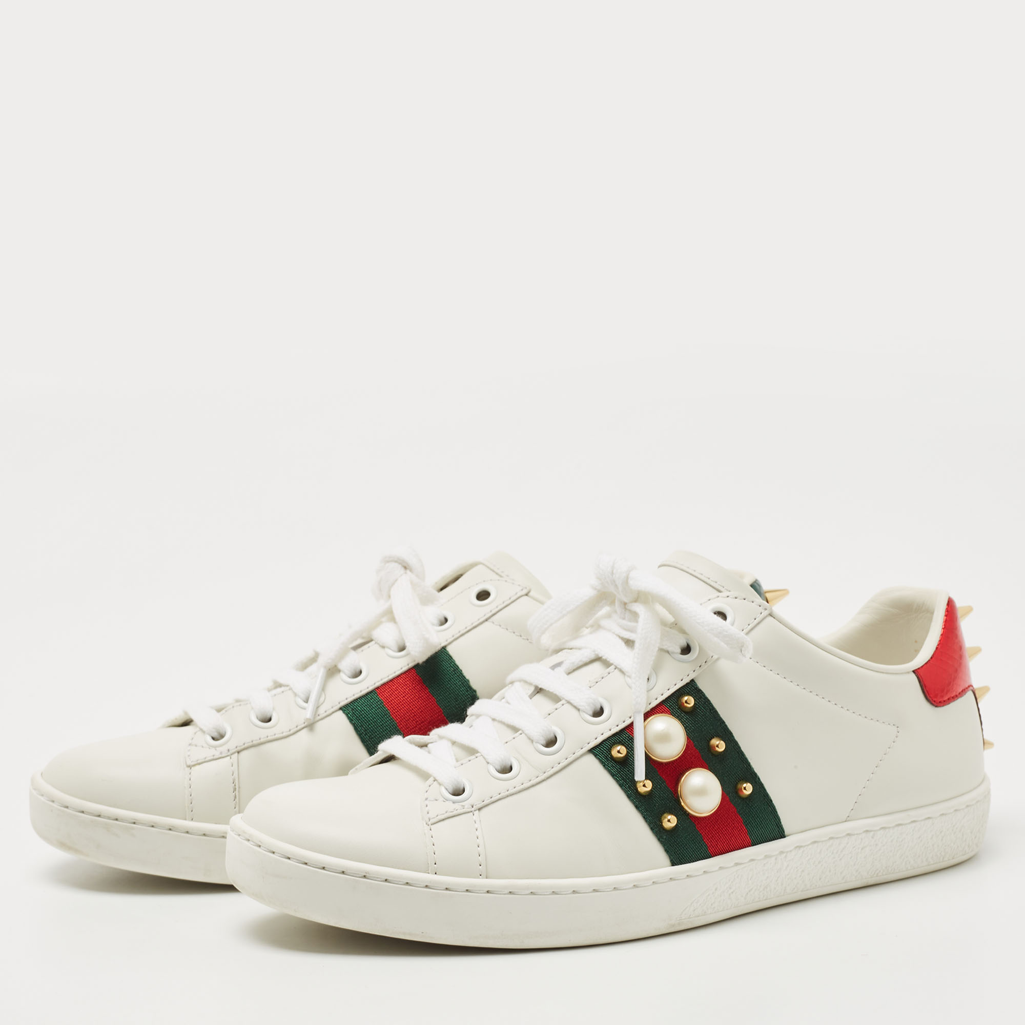 

Gucci White/Green Leather Pearl Embellished Ace Sneakers Size