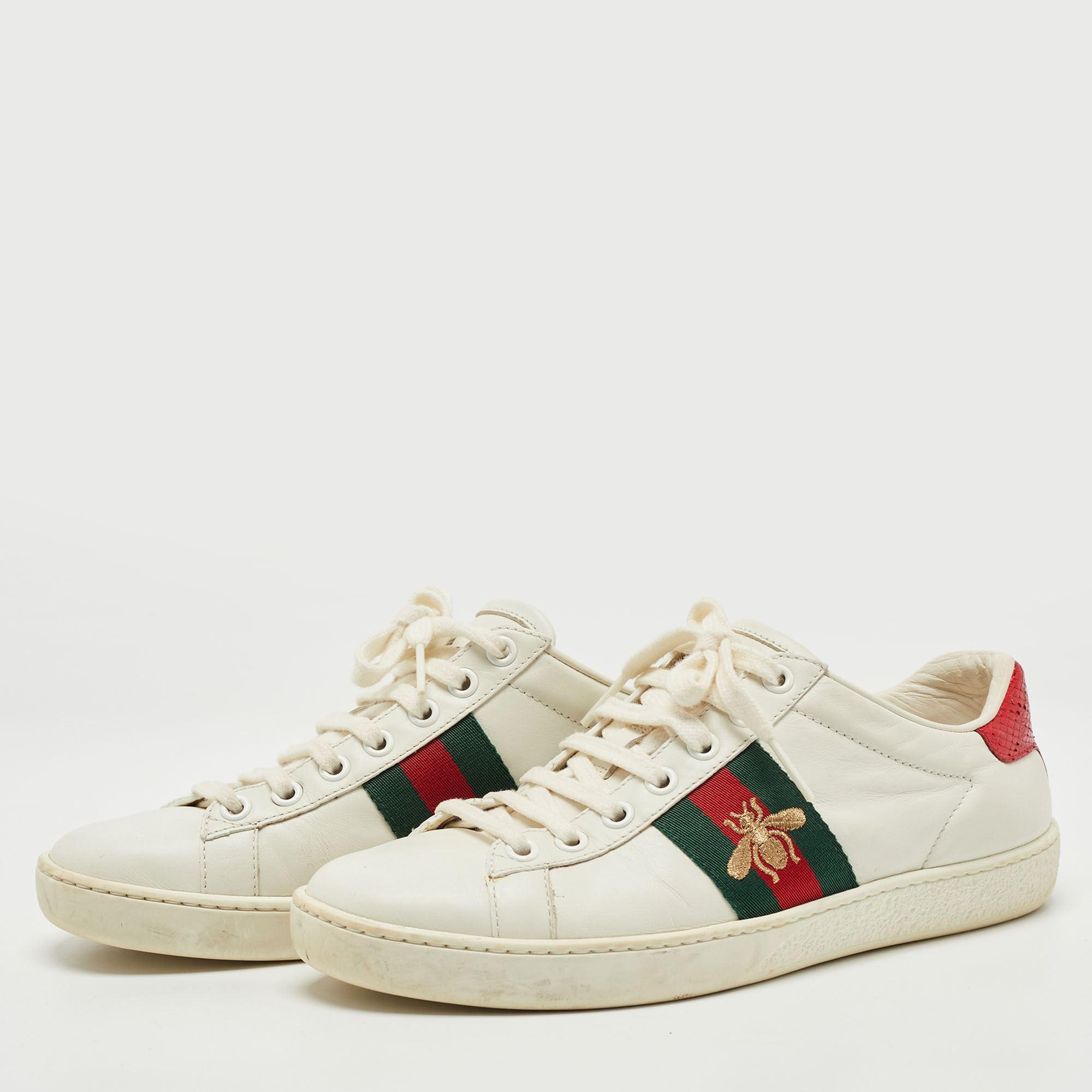 

Gucci White Leather and Snake Embossed Ace Sneakers Size