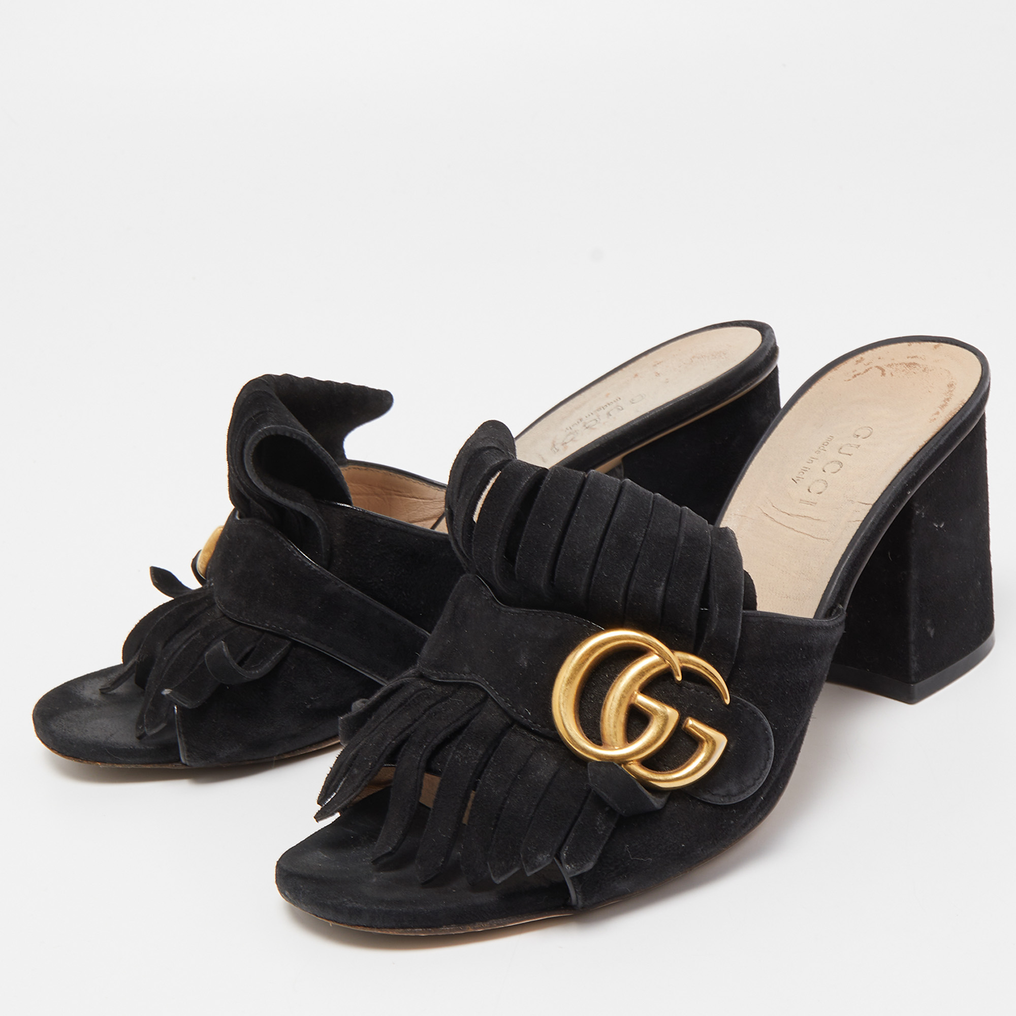 

Gucci Black Suede Double G Fringe Details Open Slides Sandals Size