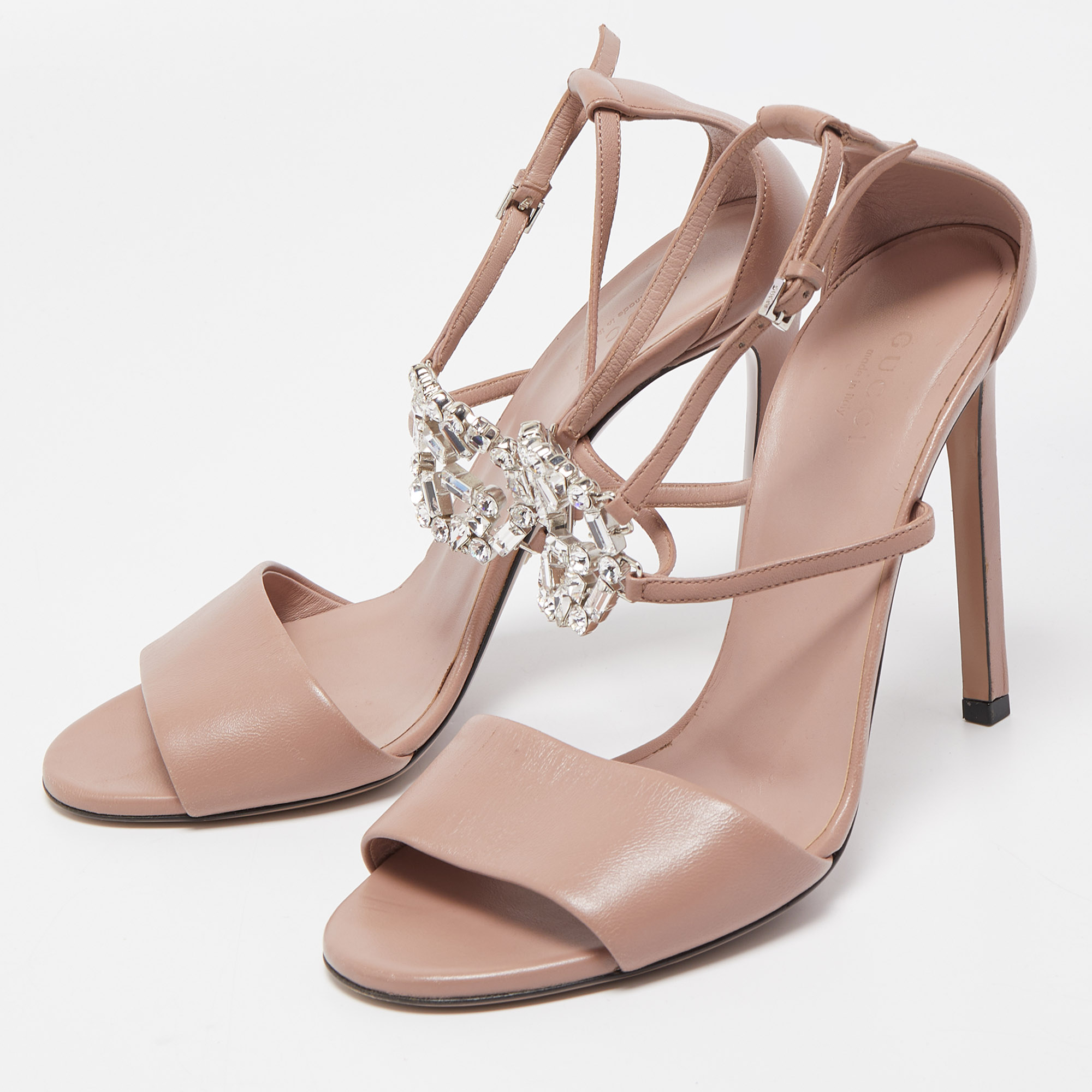 

Gucci Beige Leather Crystal Embellished Interlocking G Ankle Strap Sandals Size