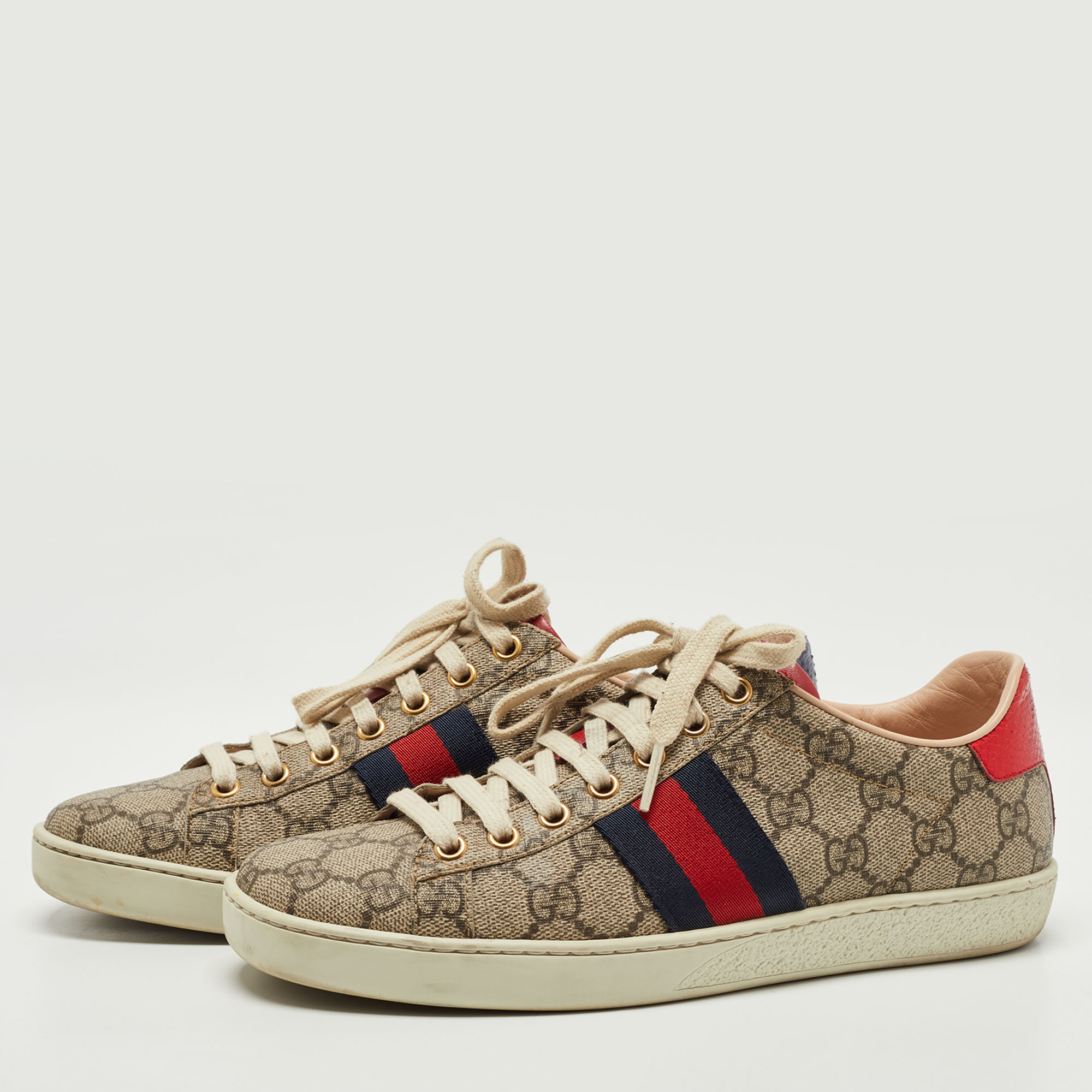 

Gucci Beige/Brown GG Supreme Canvas Ace Web Low Top Sneakers Size