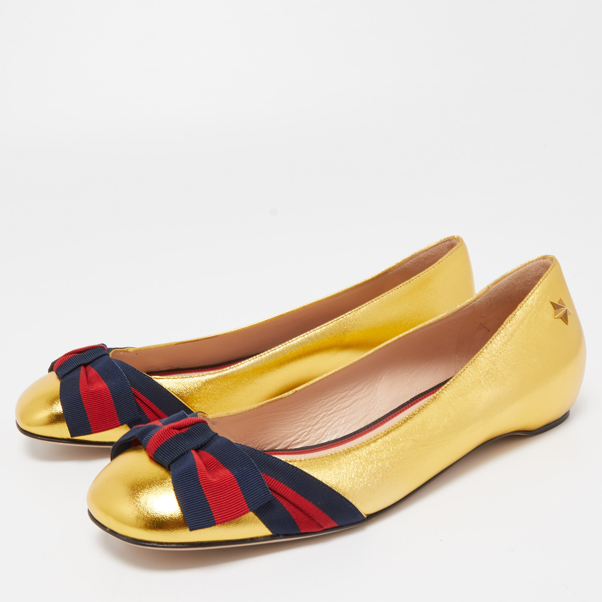 

Gucci Metallic Gold Leather Web Bow Ballet Flats Size