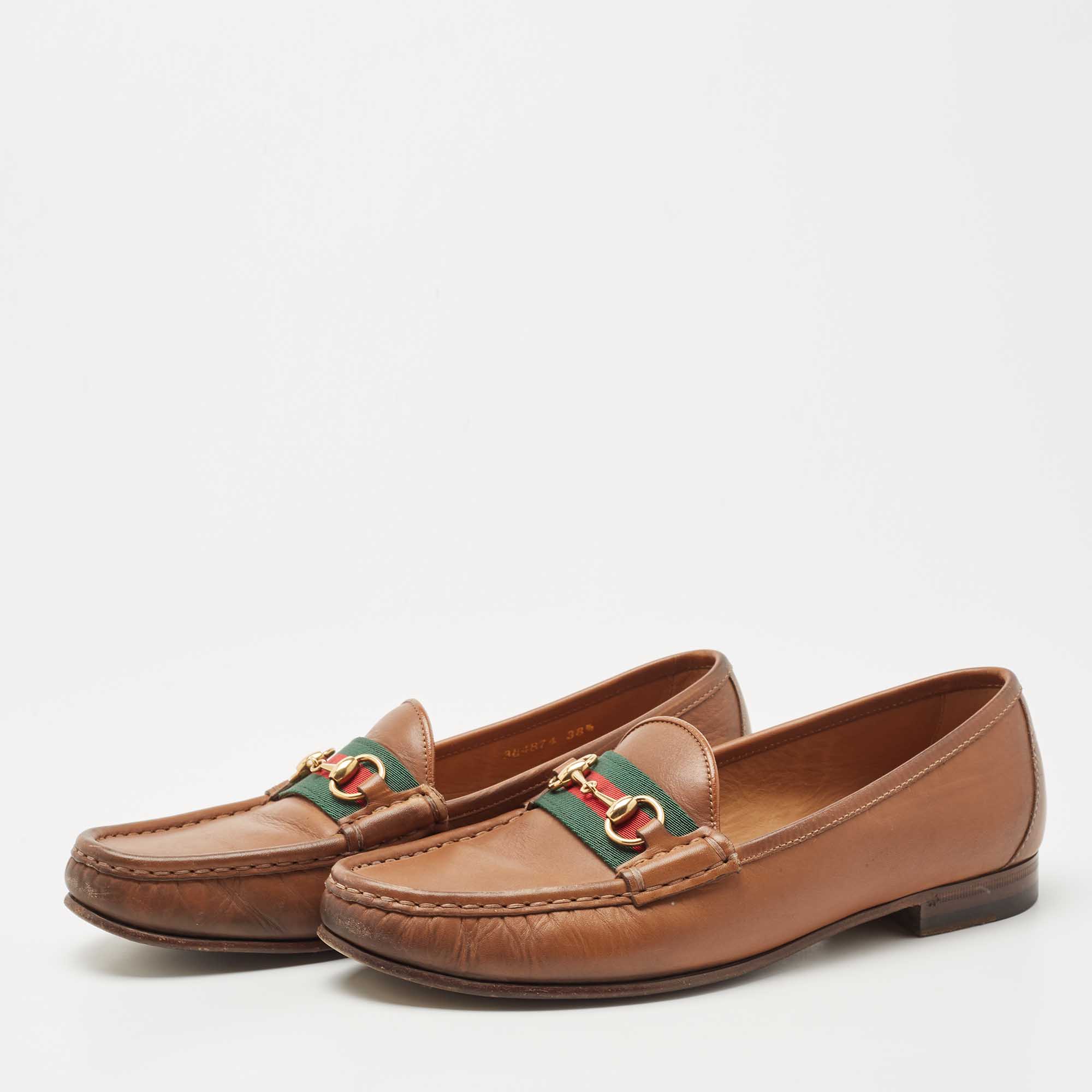 

Gucci Brown Leather Web Horsebit Loafers Size