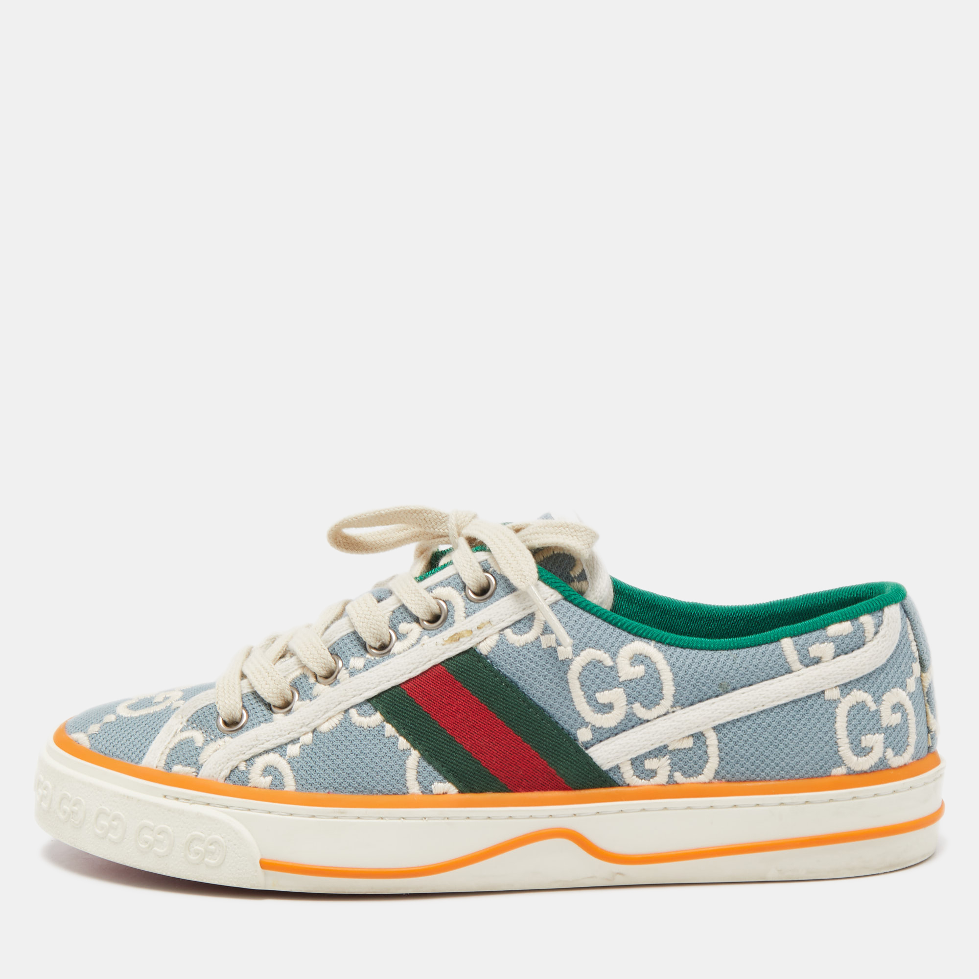 Pre Owned Gucci Grey Canvas Tennis Low Top Sneakers Size 38.5