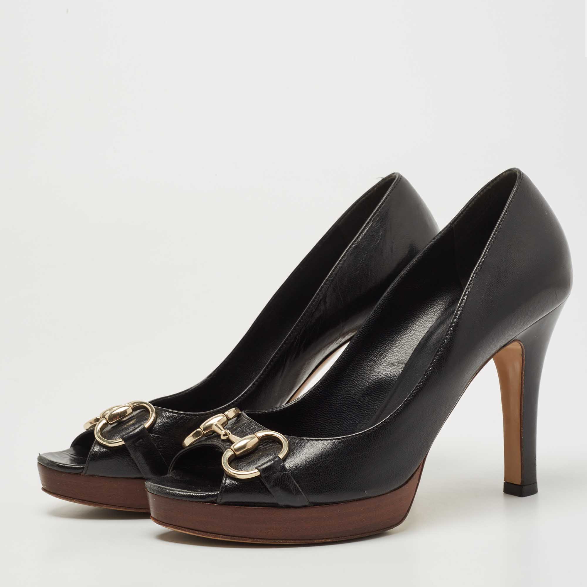 

Gucci Black Leather Horsebit Peep Toe Platform Pumps Size