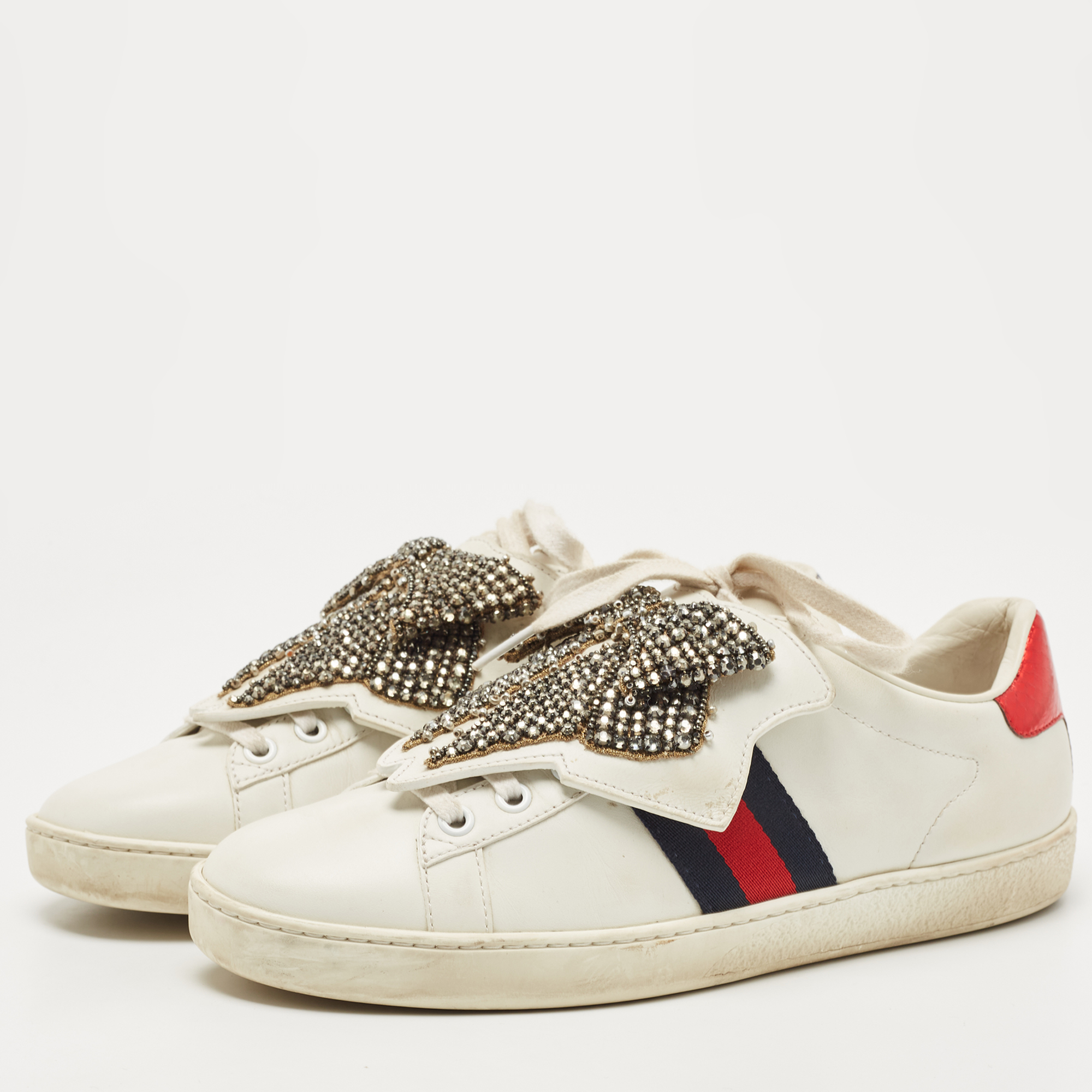 

Gucci White Leather Ace Beaded Bow Lace Up Sneakers Size
