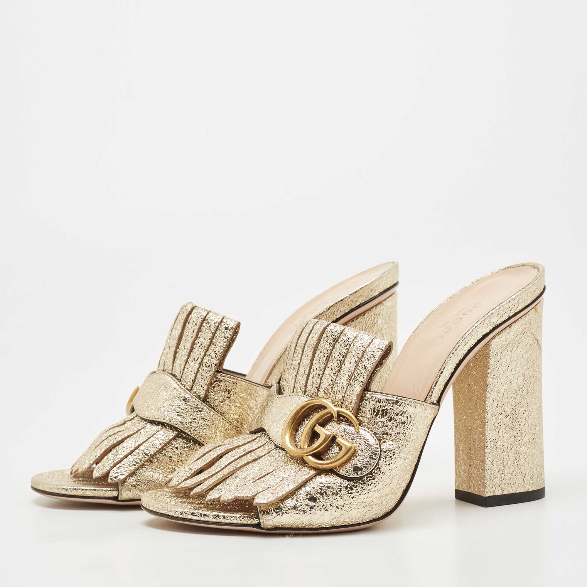 

Gucci Gold Foil Leather Double G Fringe Details Slide Sandals Size