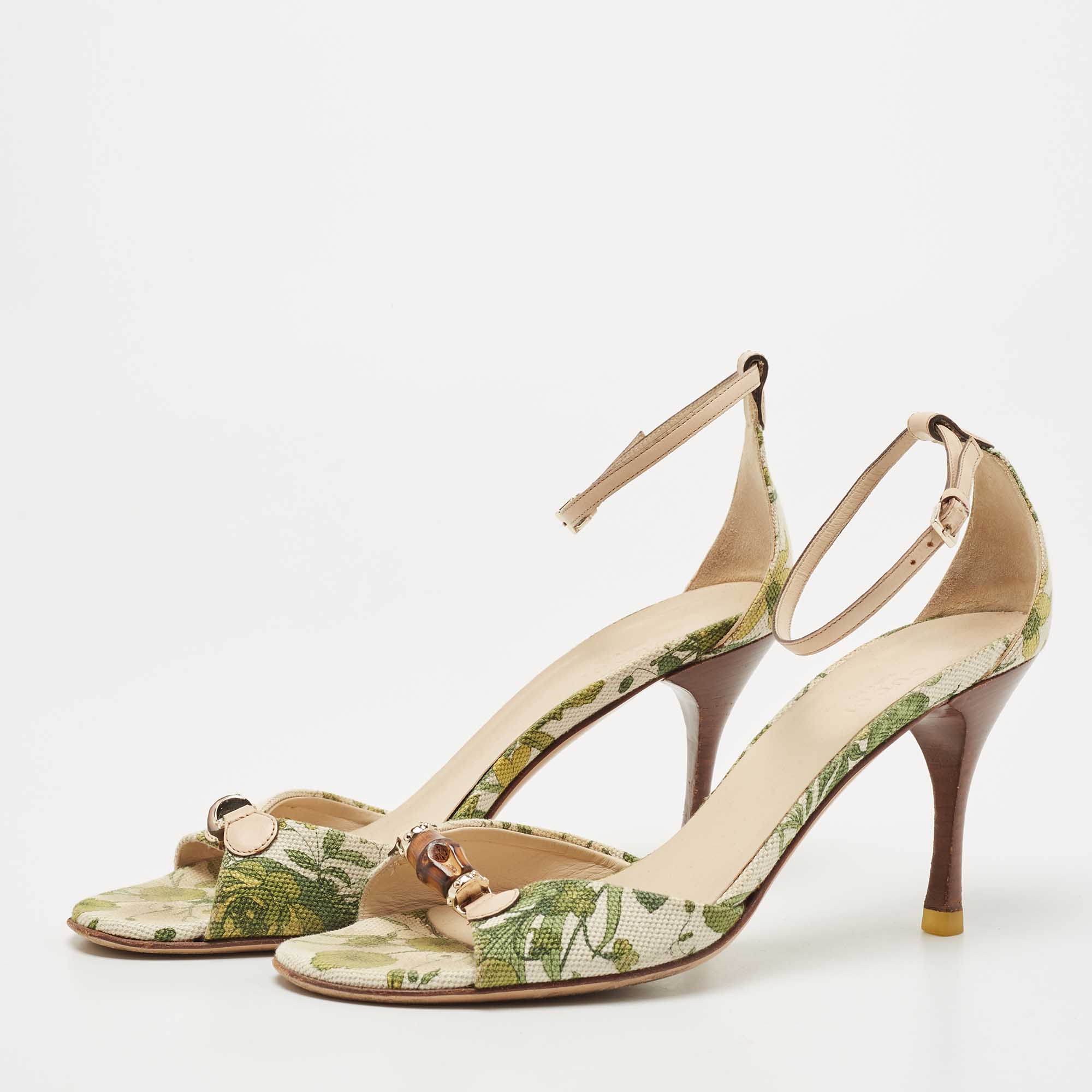 

Gucci Green/Beige Printed Canvas Bamboo Horsebit Ankle Strap Sandals Size