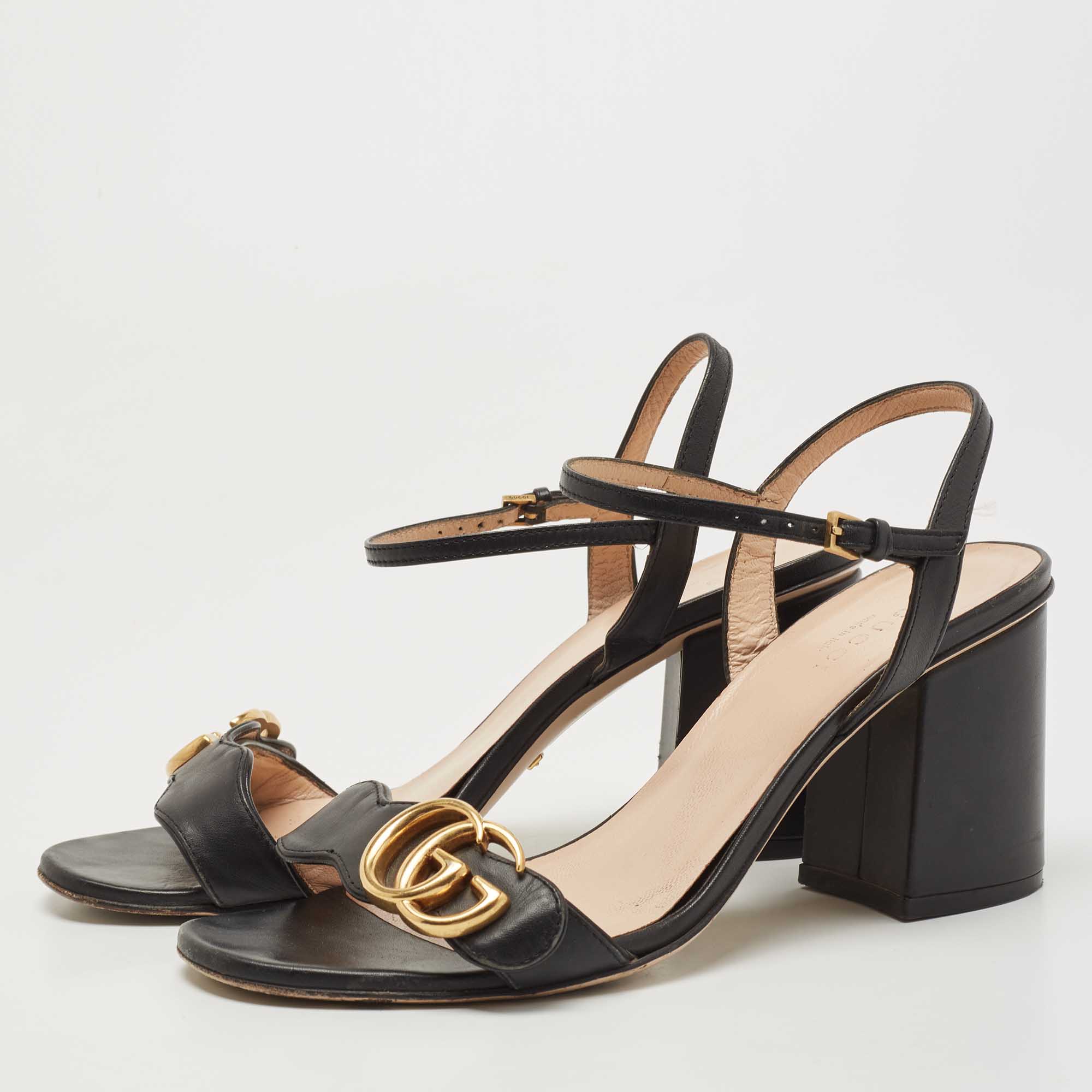 

Gucci Black Leather GG Marmont Block Heel Ankle Strap Sandals Size