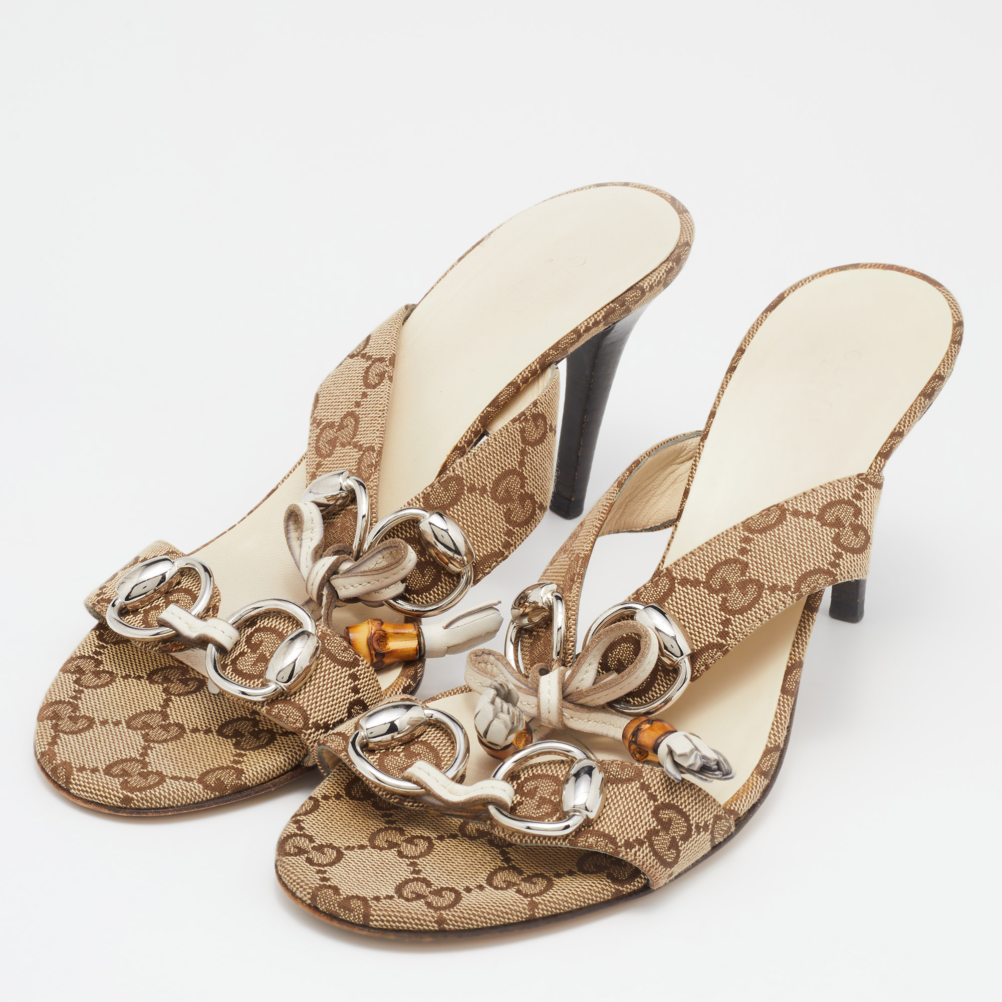 

Gucci Brown Canvas Guccissima Bamboo Horsebit Sandals Size