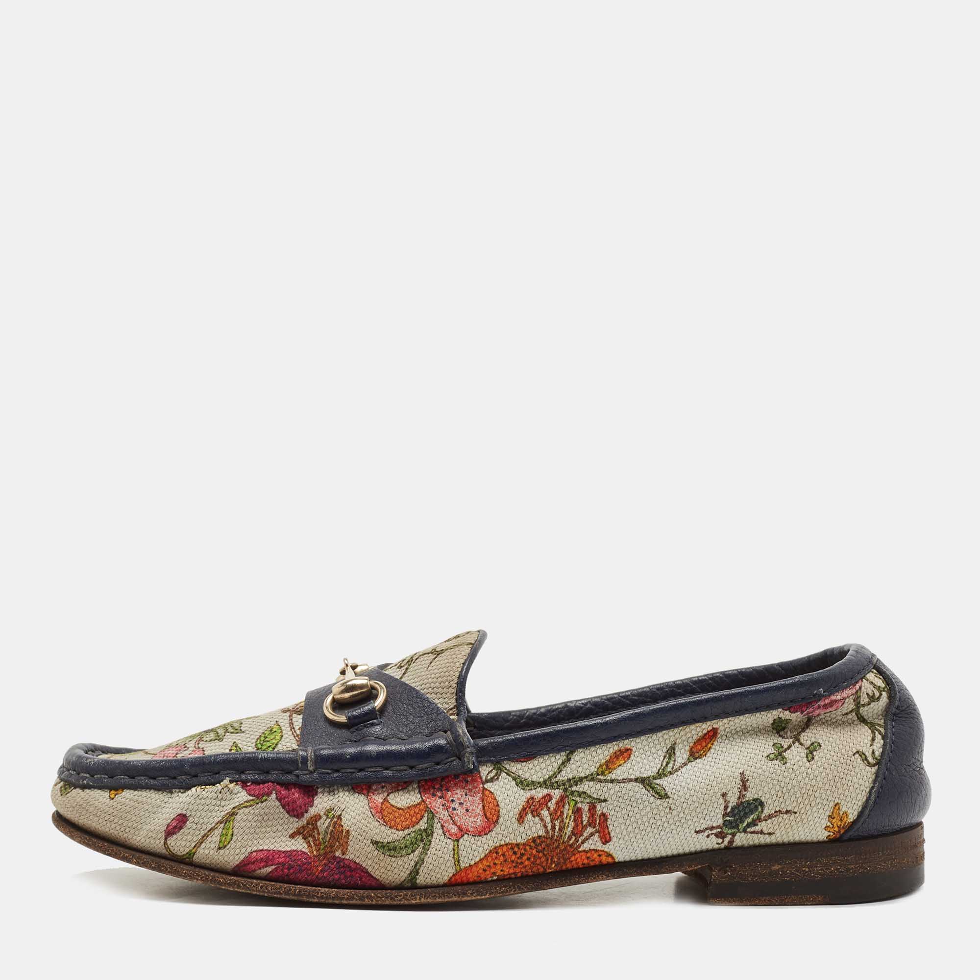 Pre-owned Gucci Navy Blue/white Leather And Floral Print Canvas 1953 Horsebit Loafers Size 36