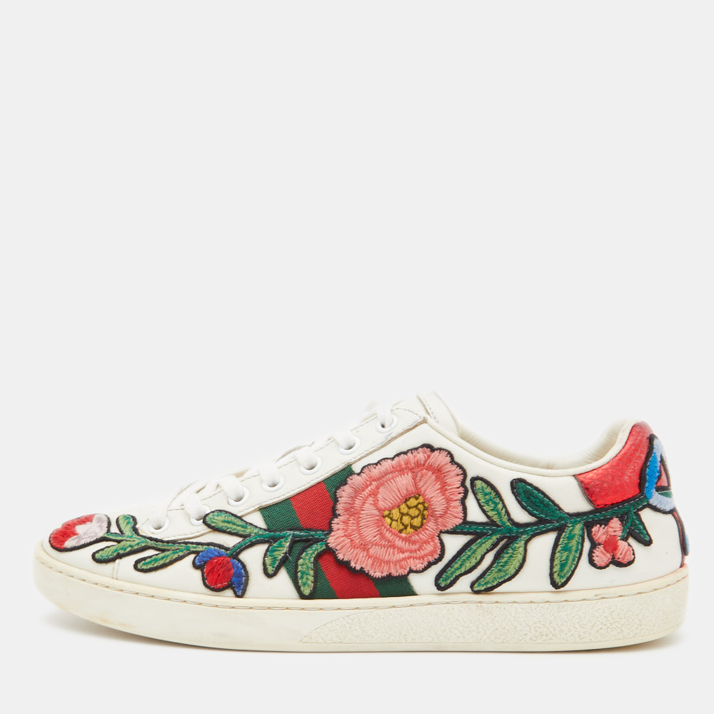 Pre-owned Gucci White Leather Floral Ace Trainers Size 39