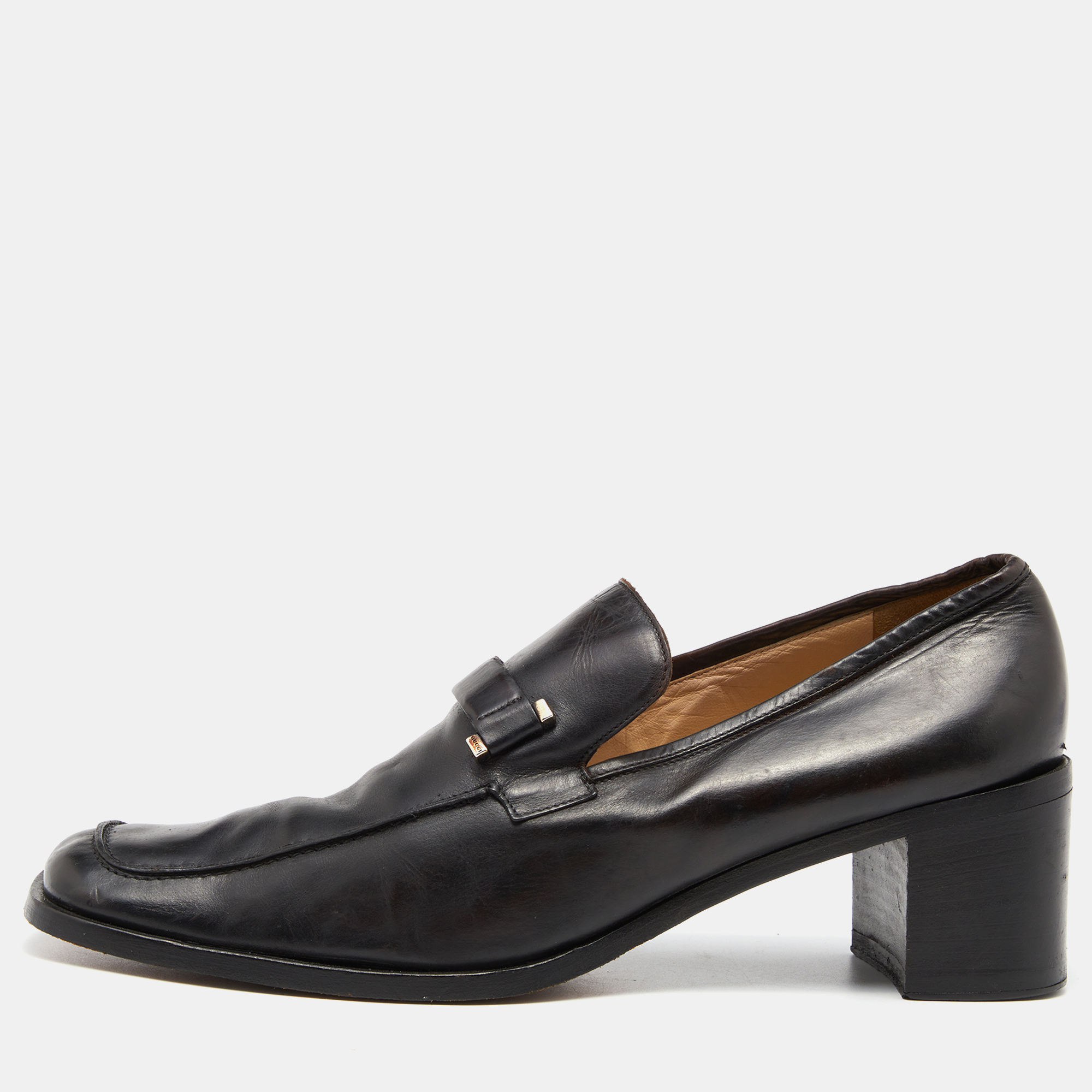 Pre-owned Gucci Black Leather Block Heel Loafer Pumps Size 40
