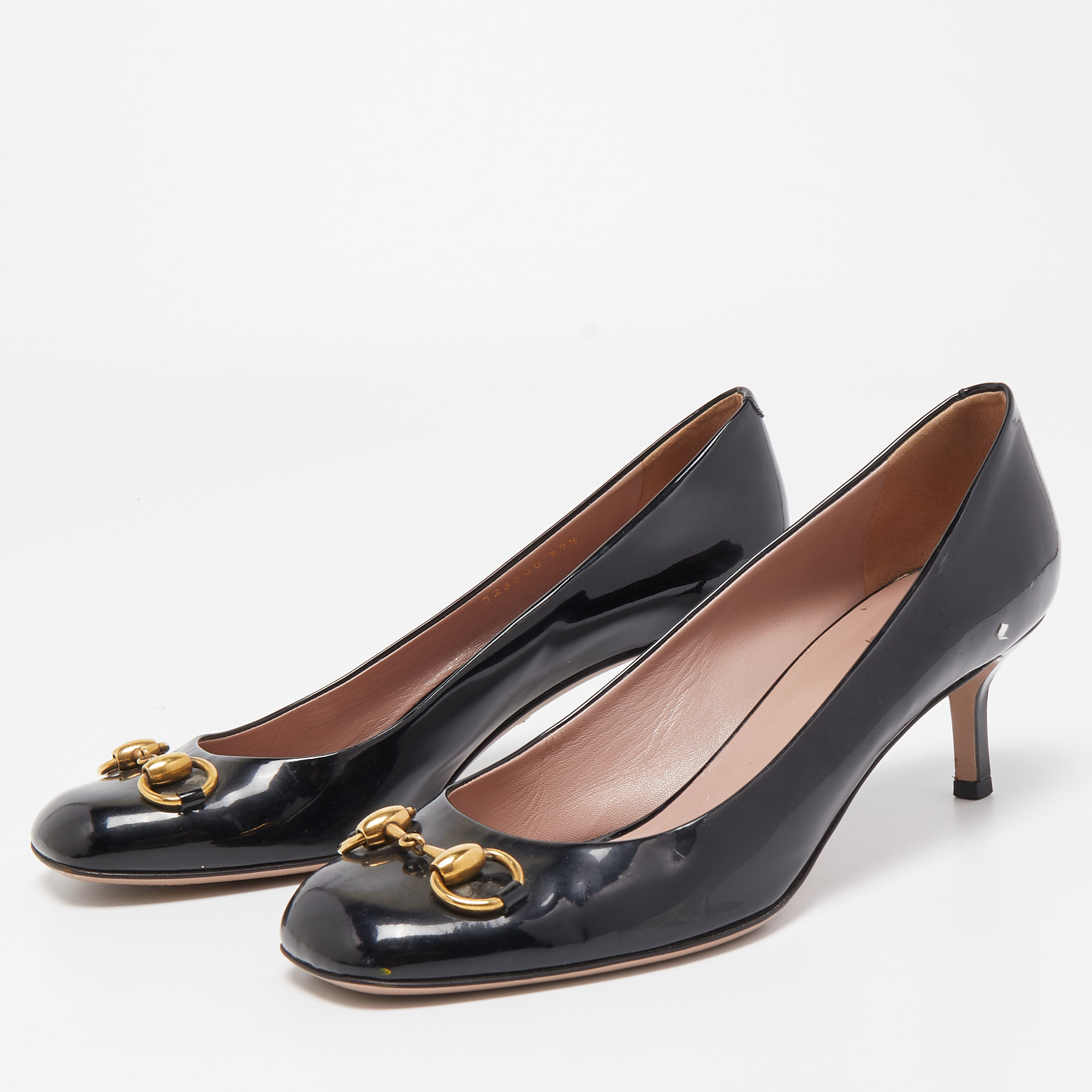 

Gucci Black Patent Leather Jolene Horsebit Pumps Size