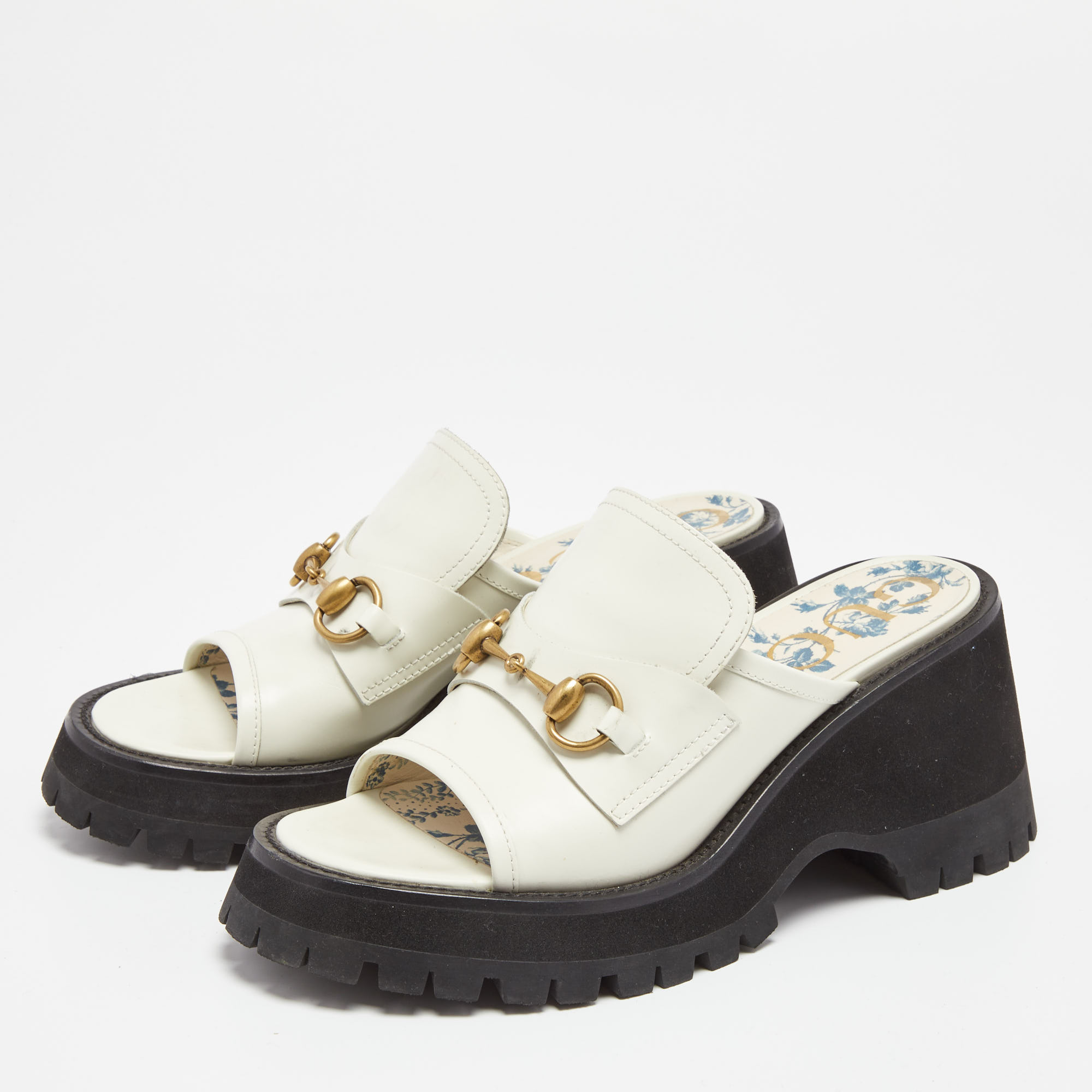 

Gucci White Leather Harald Horsebit Platform Slide Sandals Size