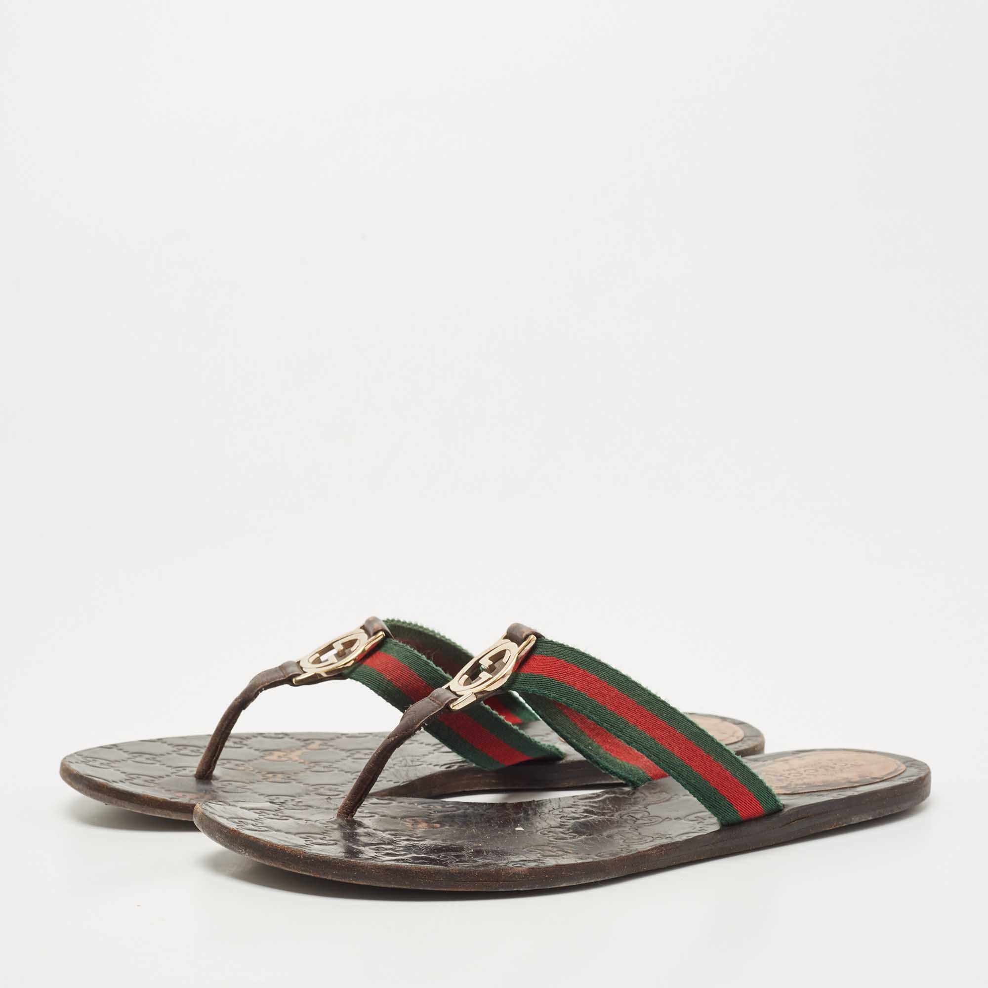 

Gucci Tricolor Leather and Canvas Web GG Thong Flats Size, Brown