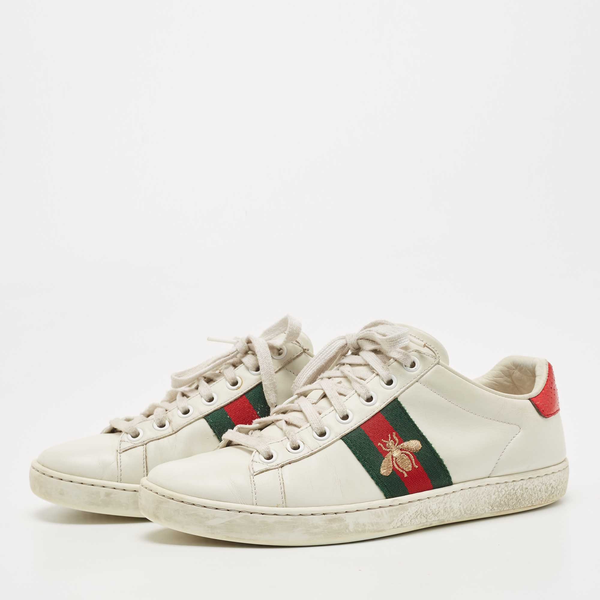 

Gucci White Leather and Snake Embossed Leather Ace Lace Up Sneakers Size