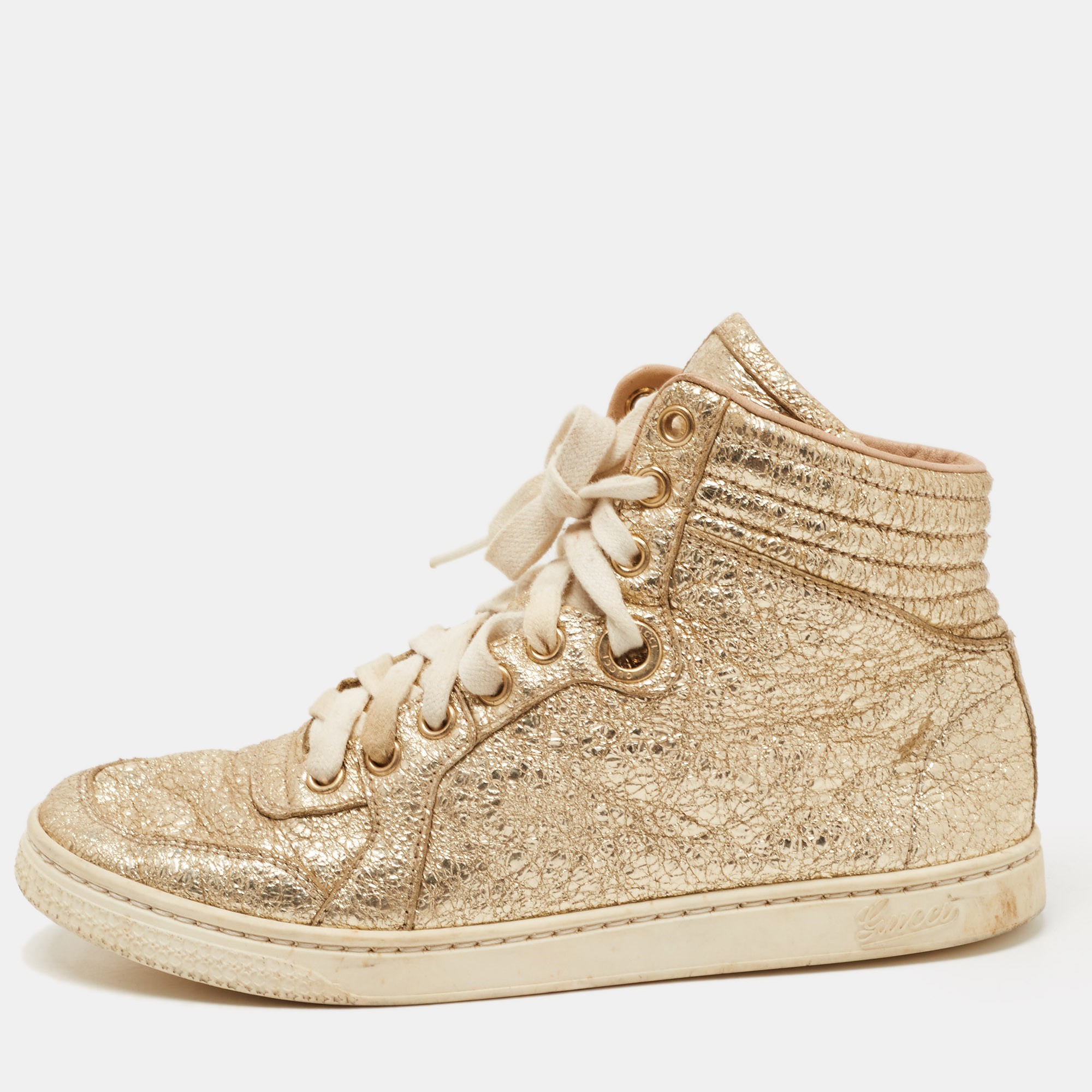 Pre-owned Gucci Gold Leather High Top Sneakers Size 35 In Metallic