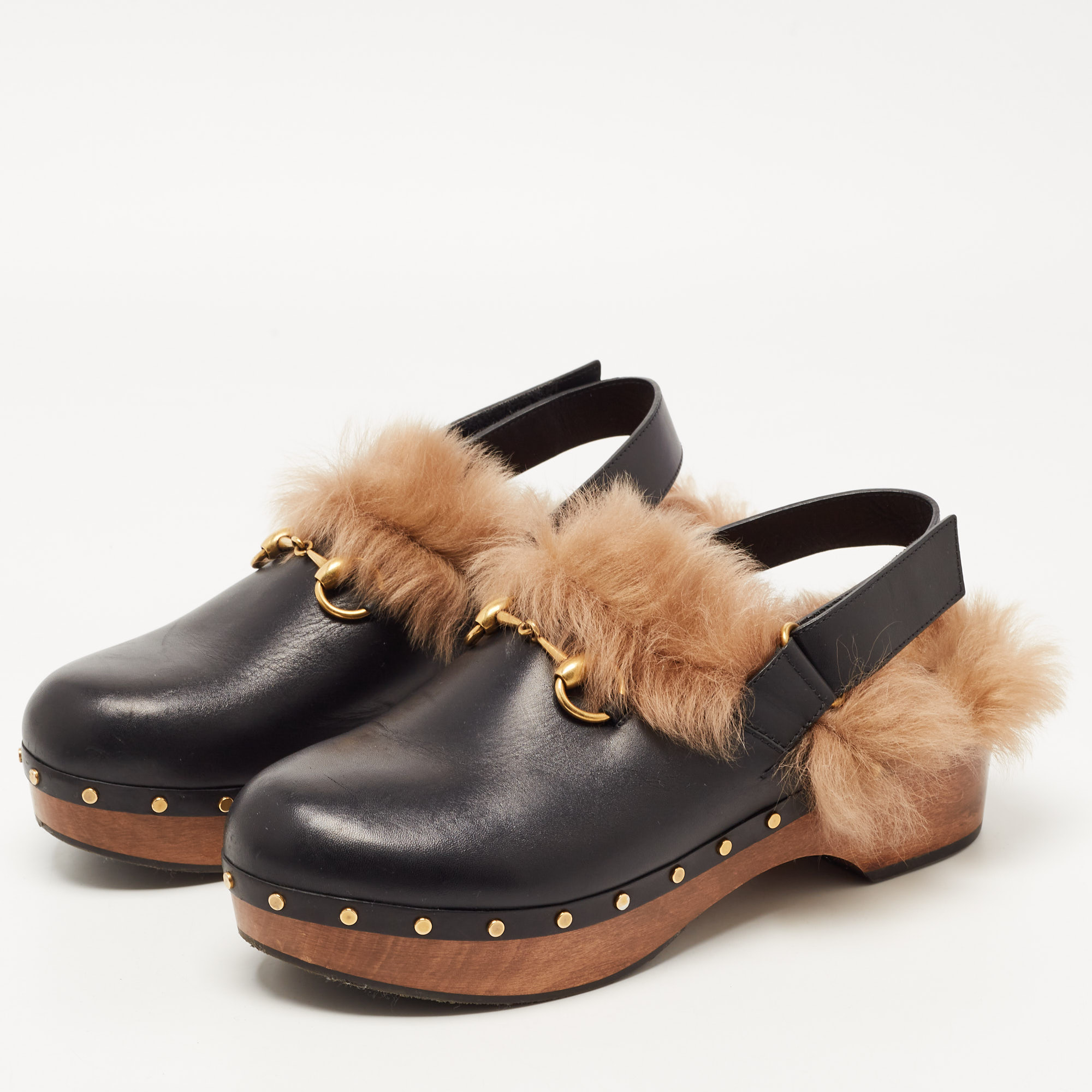 

Gucci Black Leather and Fur Amstel Horsebit Slingback Clog Sandals Size