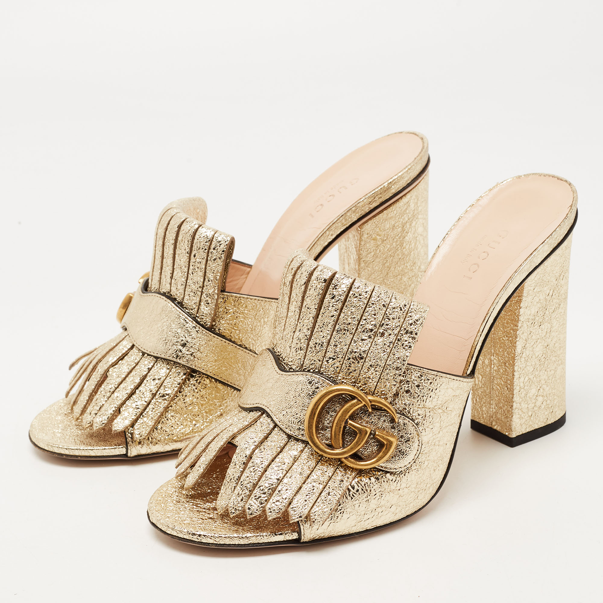 

Gucci Gold Crinkled Leather GG Marmont Fringed Slide Sandals Size