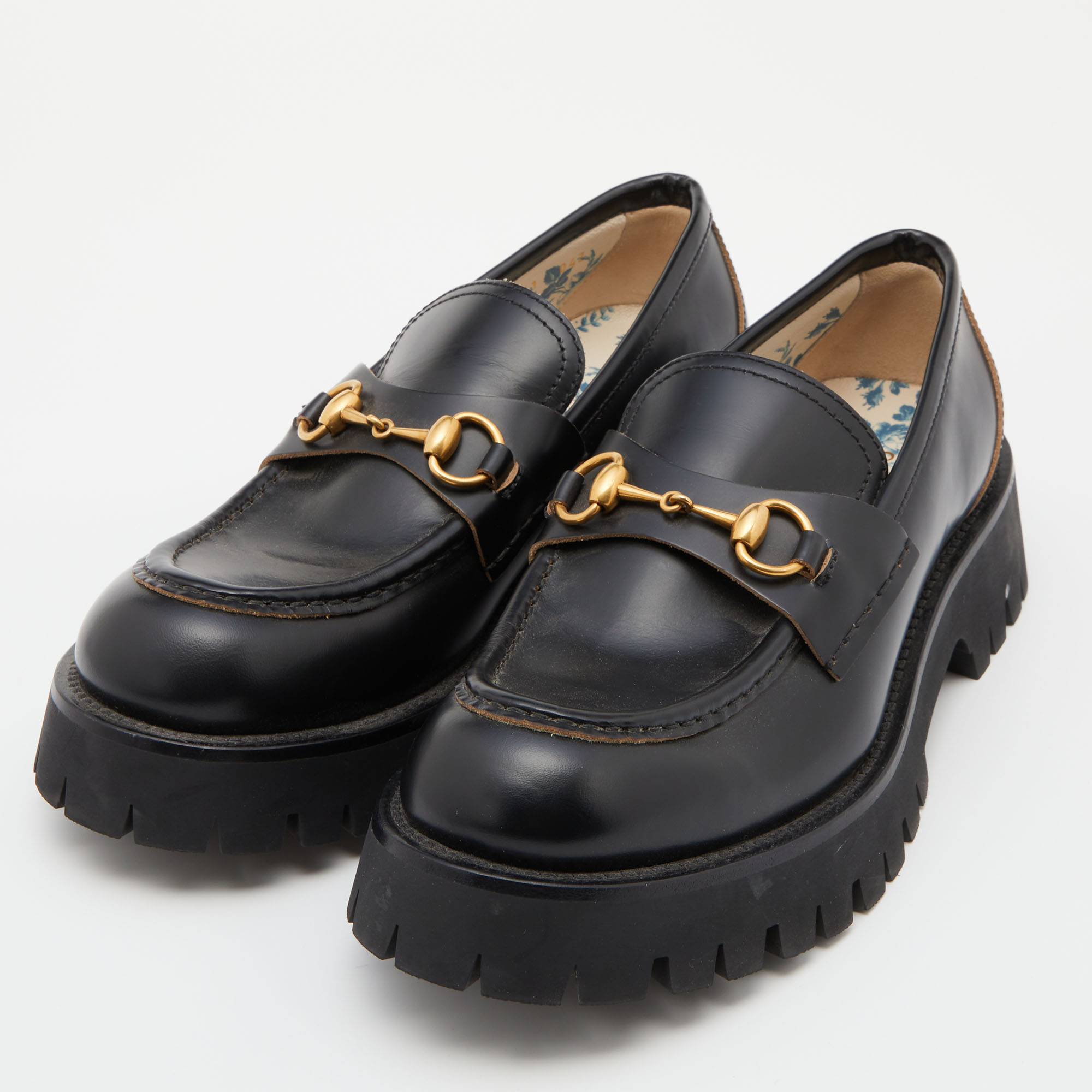 

Gucci Black Leather Harald Horsebit Platform Loafers Size
