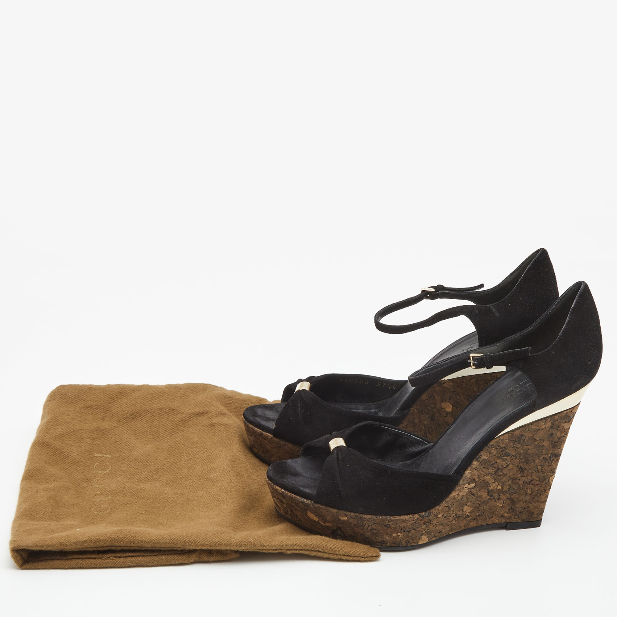 Gucci Black Suede Cork Wedge Platform Ankle Strap Sandals Size 37.5 