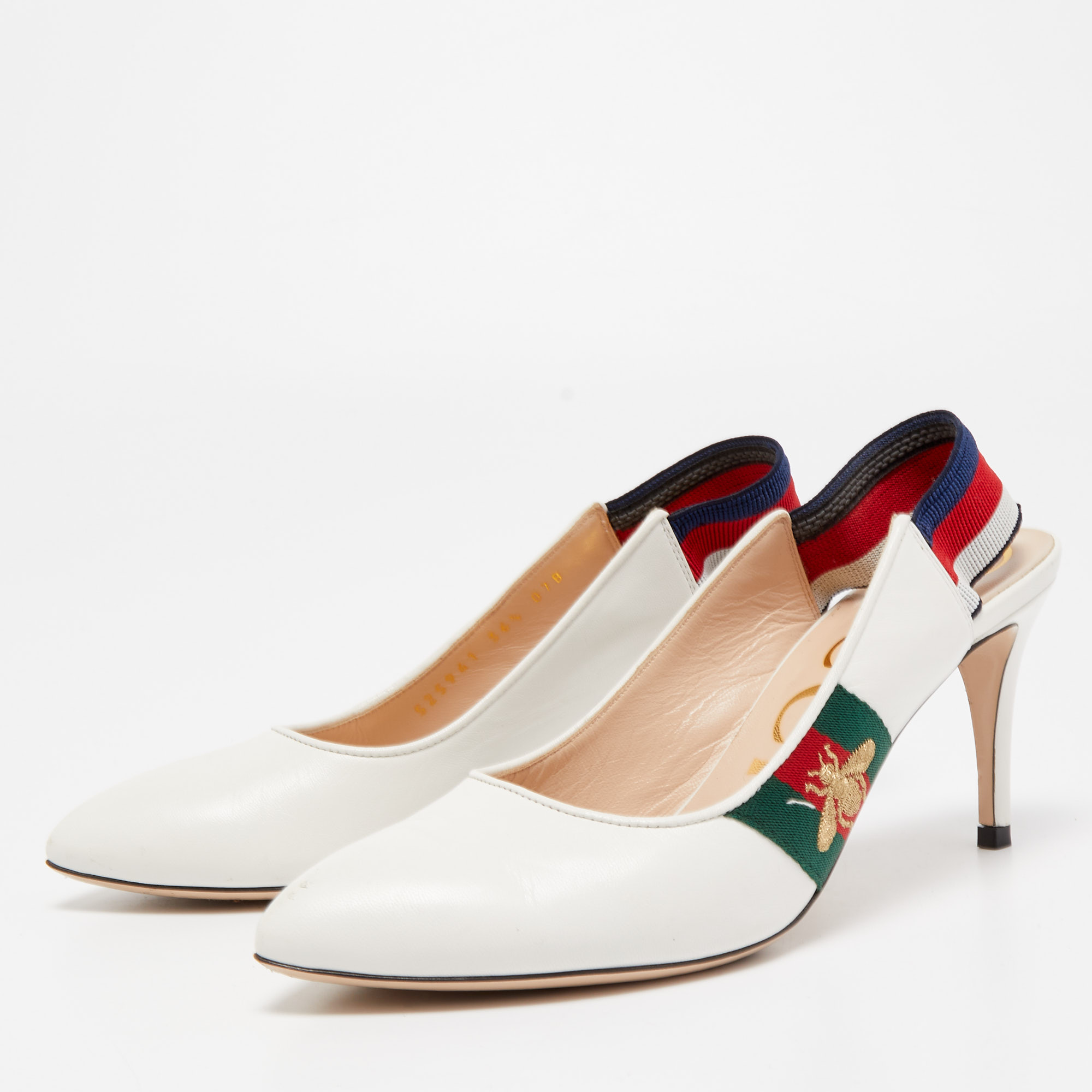 

Gucci White Leather Sylvie Web Slingback Pumps Size