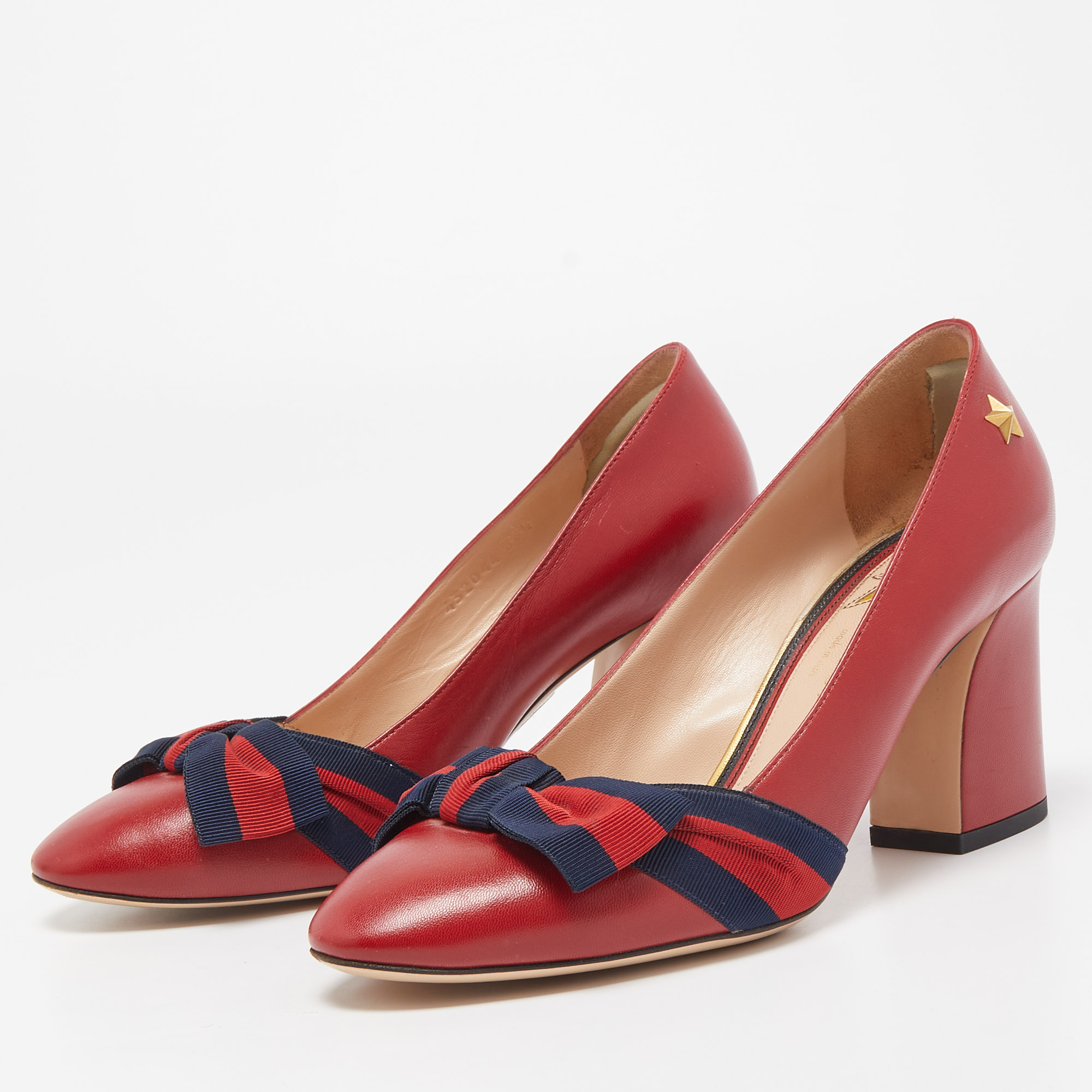 

Gucci Red Leather and Web Bow Block Heel Pumps Size