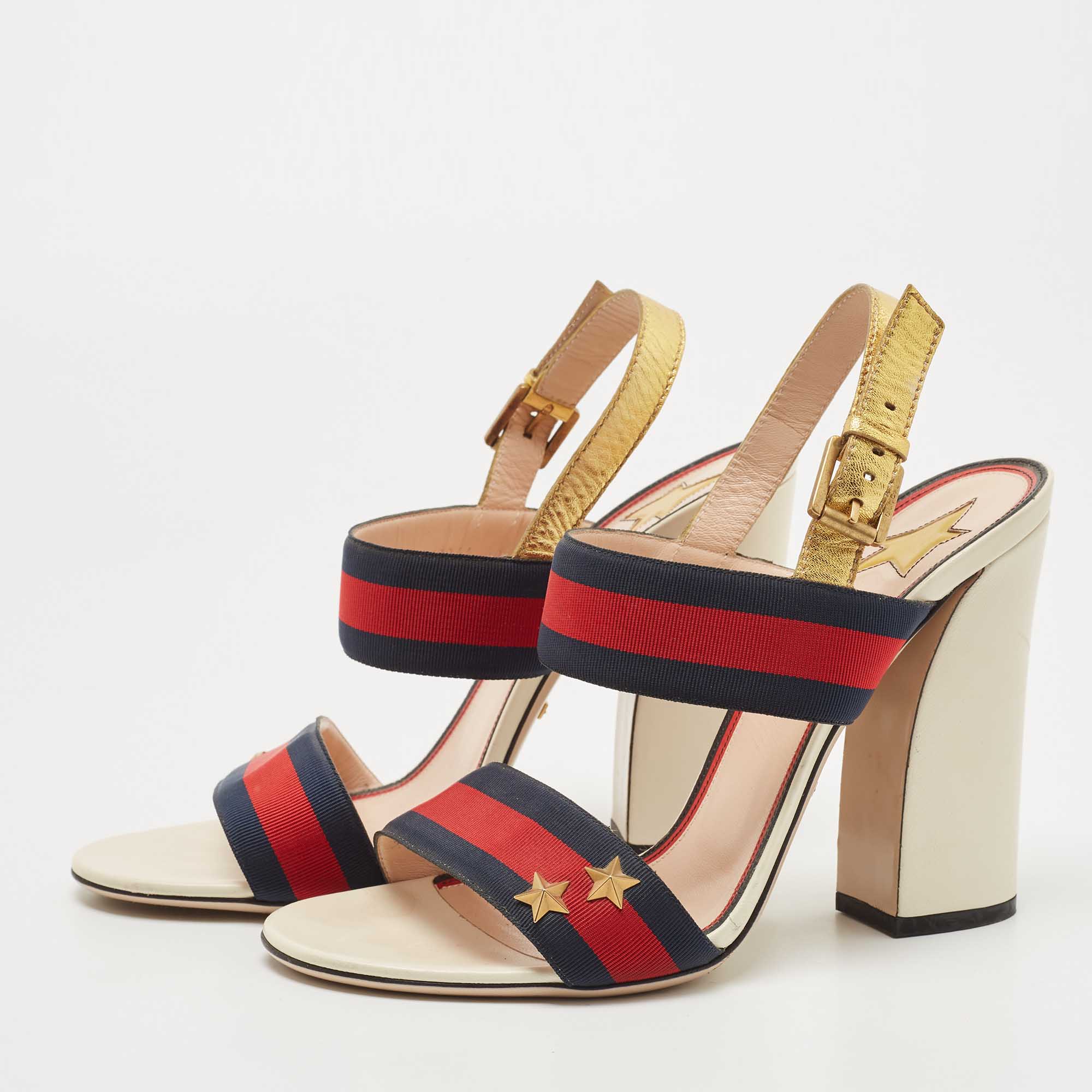 

Gucci Multicolor Leather And Web Trim Block Heel Sandals Size