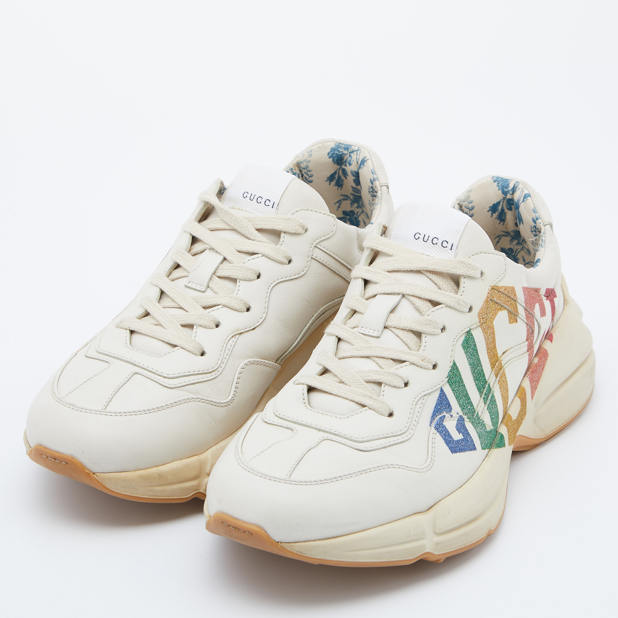 

Gucci Cream Leather Glitter Logo Rhyton Sneakers Size