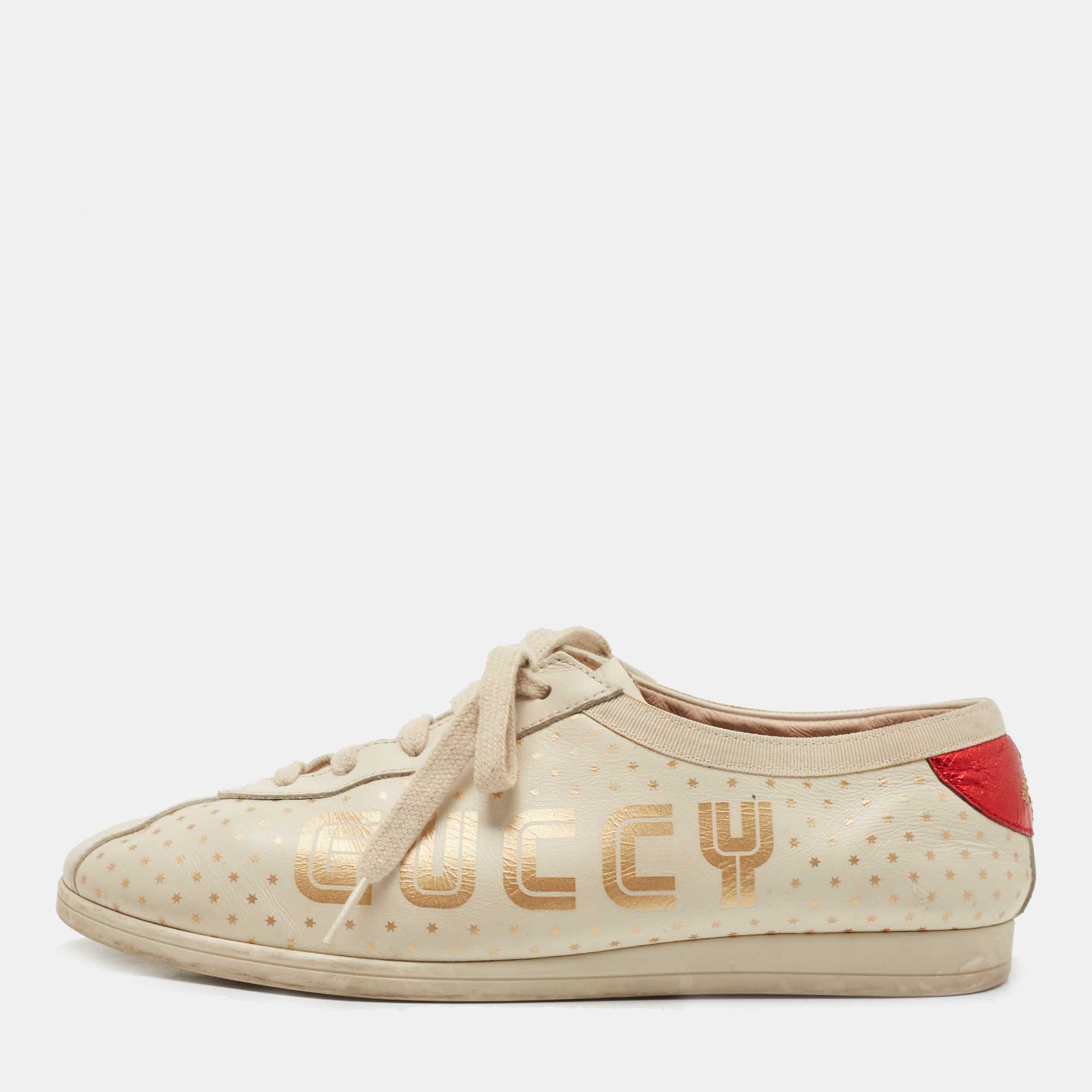 Pre-owned Gucci Beige Leather Falacer Guccy Sneakers Size 37