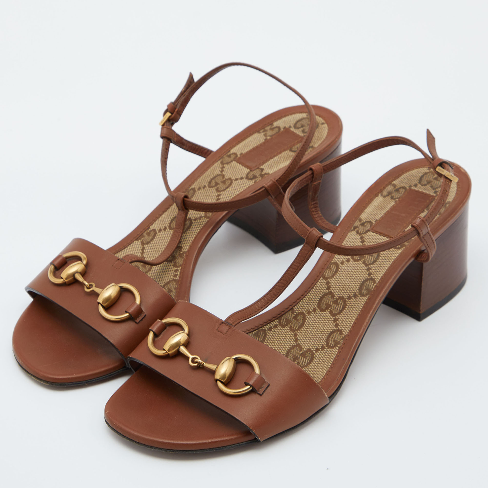 

Gucci Brown Leather Horsebit T-Strap Block Heel Sandals Size