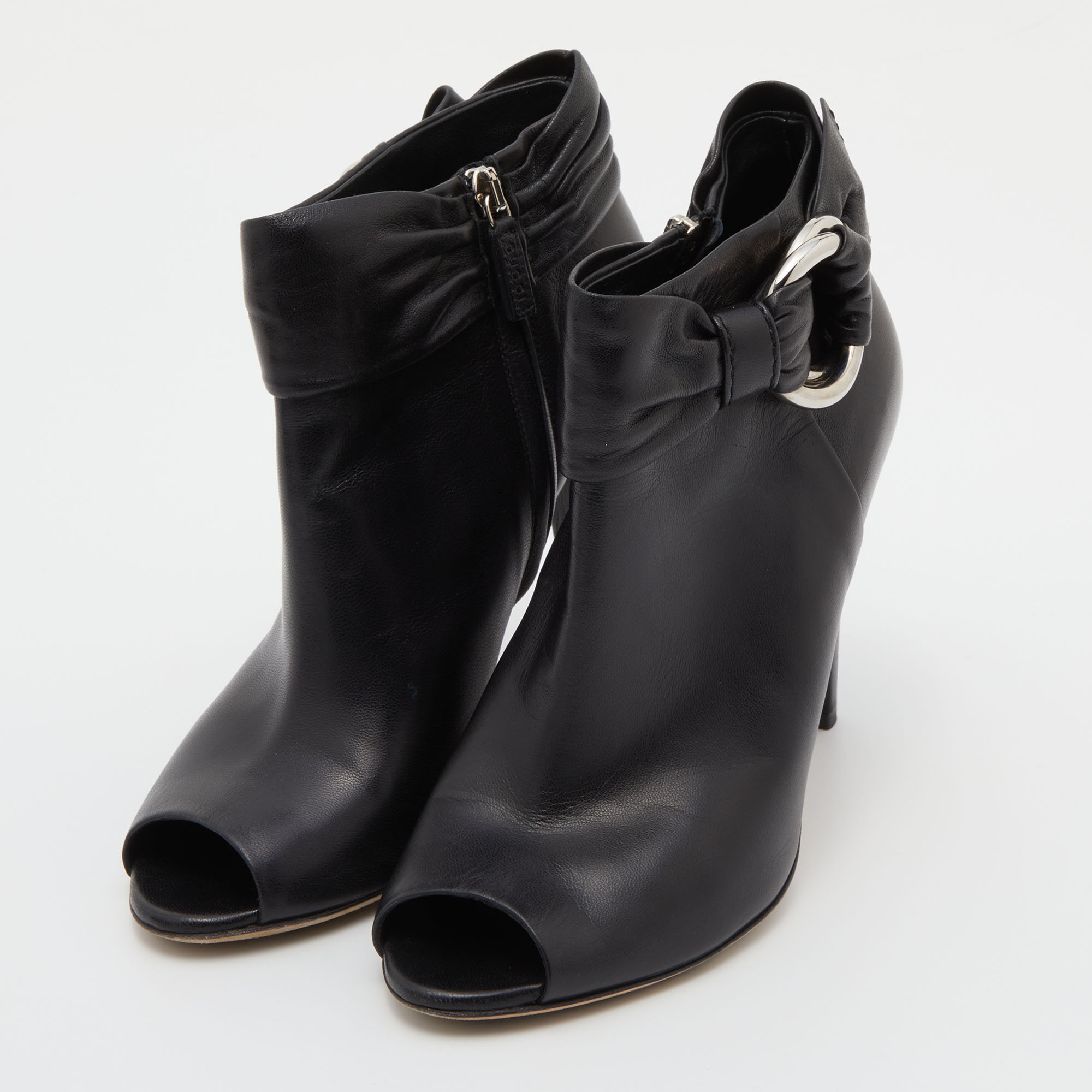 

Gucci Black Leather Peep Toe Ankle Booties Size