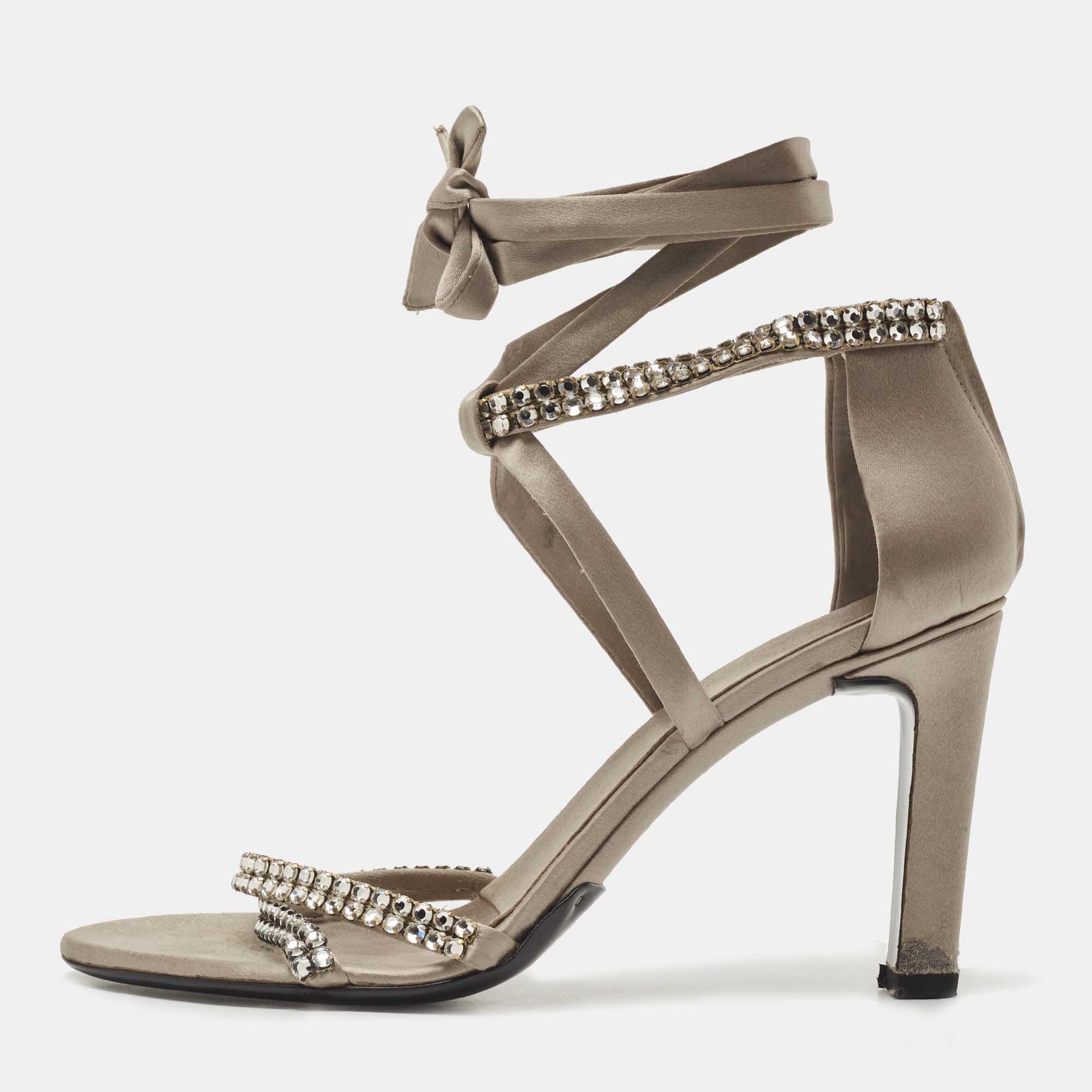 Pre-owned Gucci Grey Satin Crystal Embellished Ankle Wrap Sandals Size 37.5