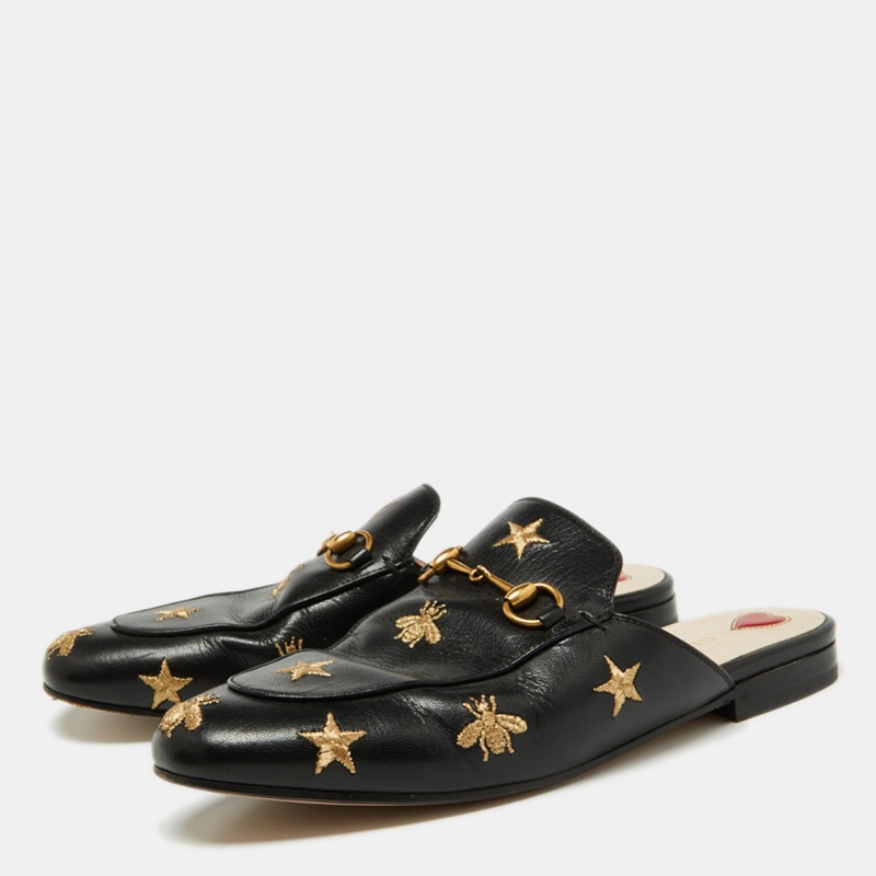 

Gucci Black Leather Bee and Star Embroidered Princetown Flat Mules Size