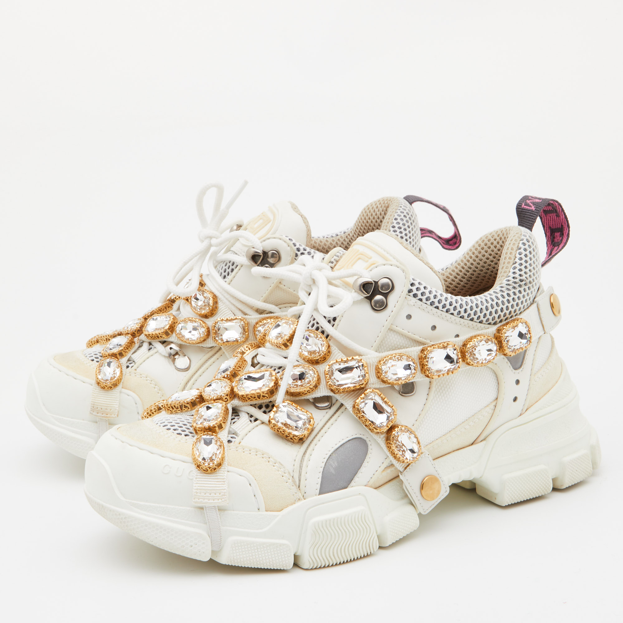 

Gucci White Leather, Suede and Mesh Flashtrek Removable Crystals Low Top Sneakers Size