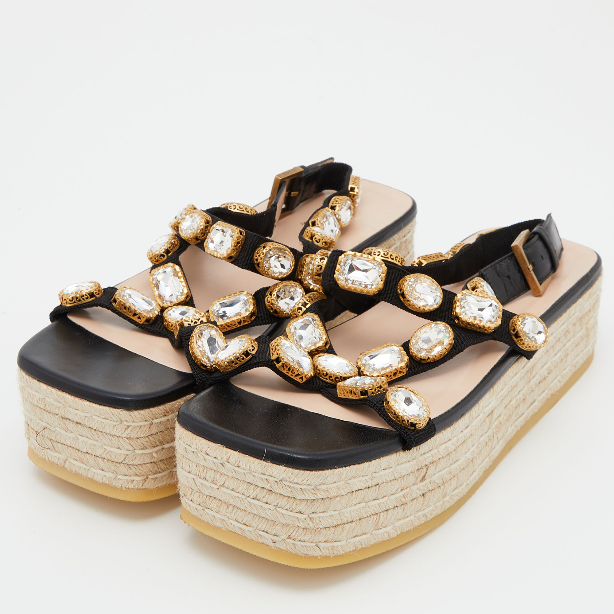

Gucci Black Nylon and Leather Pepita Crystals Platform Espadrille Sandals Size