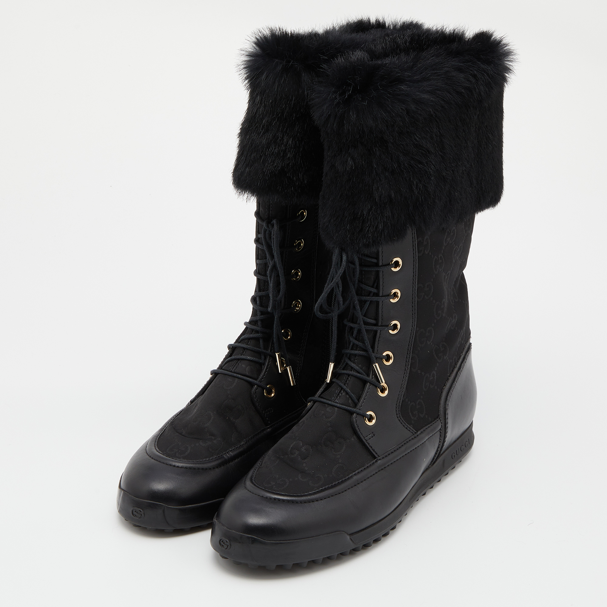 

Gucci Black GG Nylon and Leather Lace Up Combat Boots Size