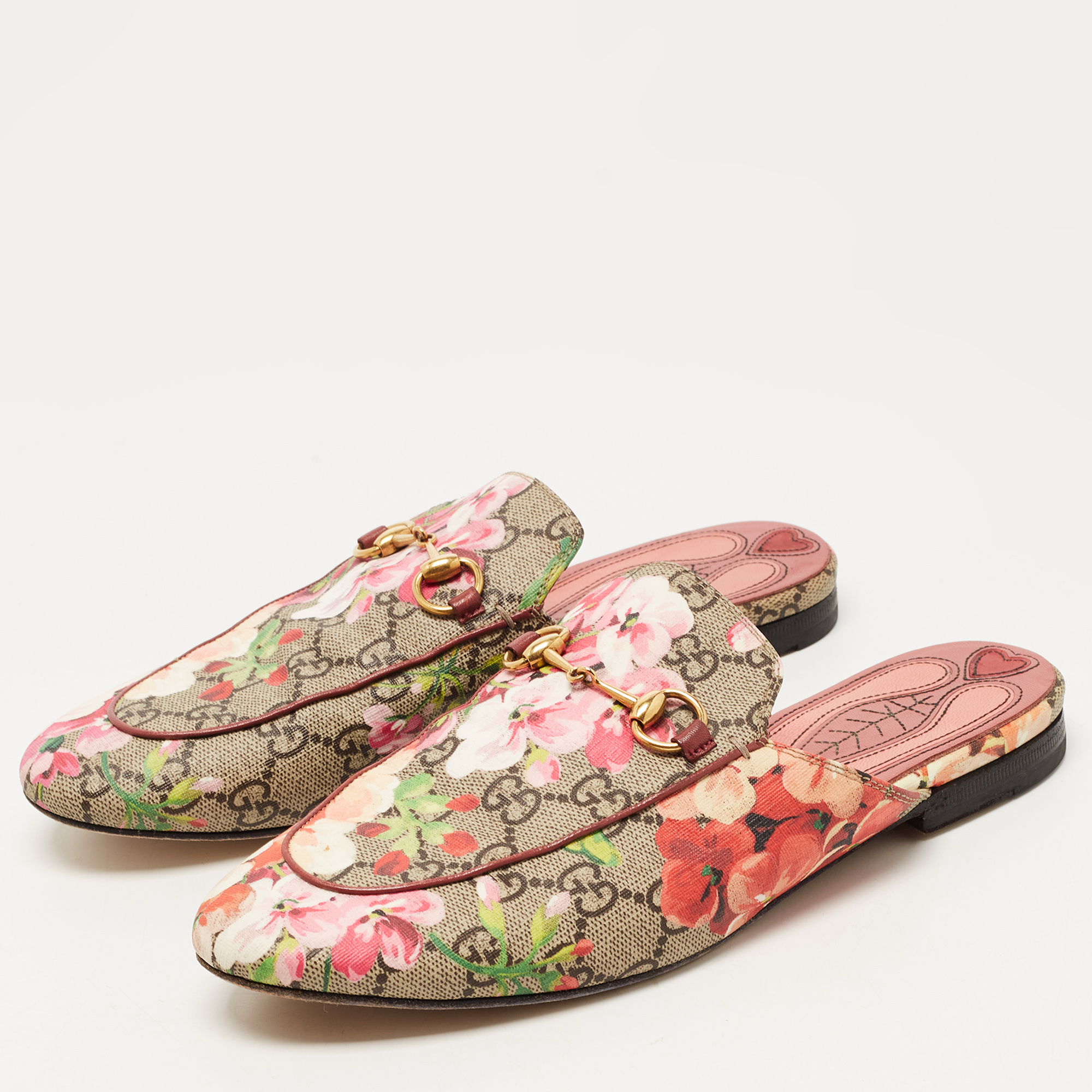 

Gucci Beige/Brown GG Supreme Bloom Canvas Princetown Flat Mules Size