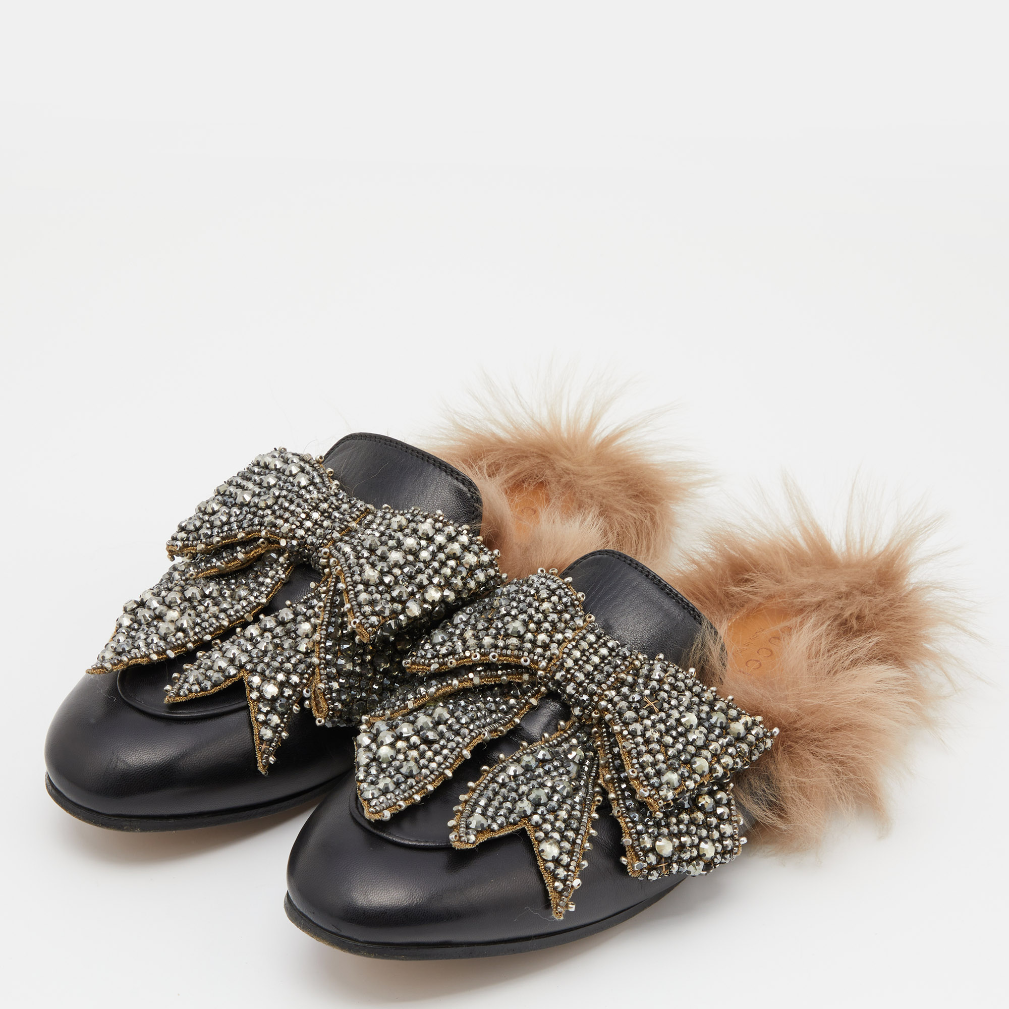 

Gucci Black Crystal Embellished Leather and Fur Princetown Horsebit Flat Mules Size