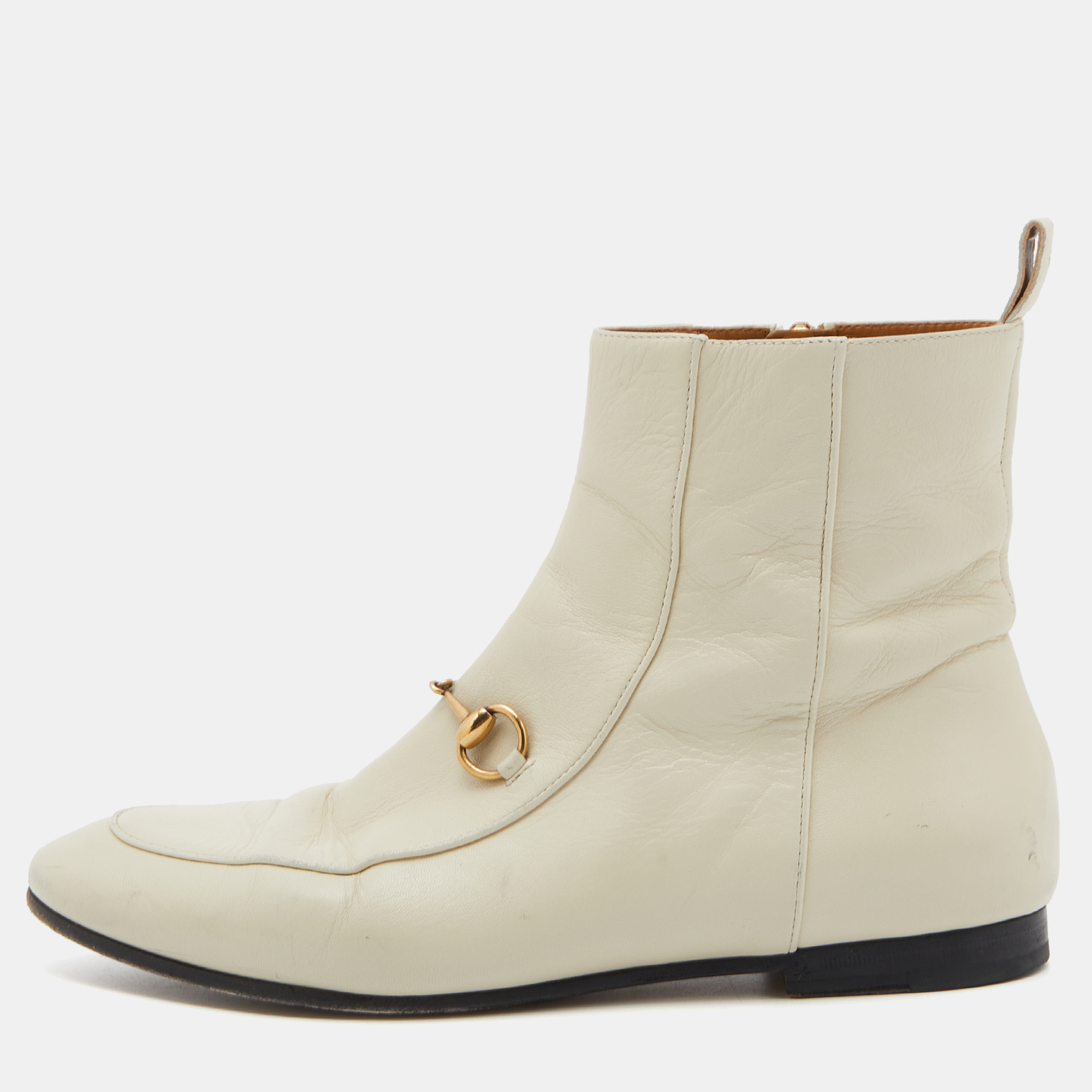 Pre-owned Gucci Cream Leather Horsebit Ankle Boots Size 38