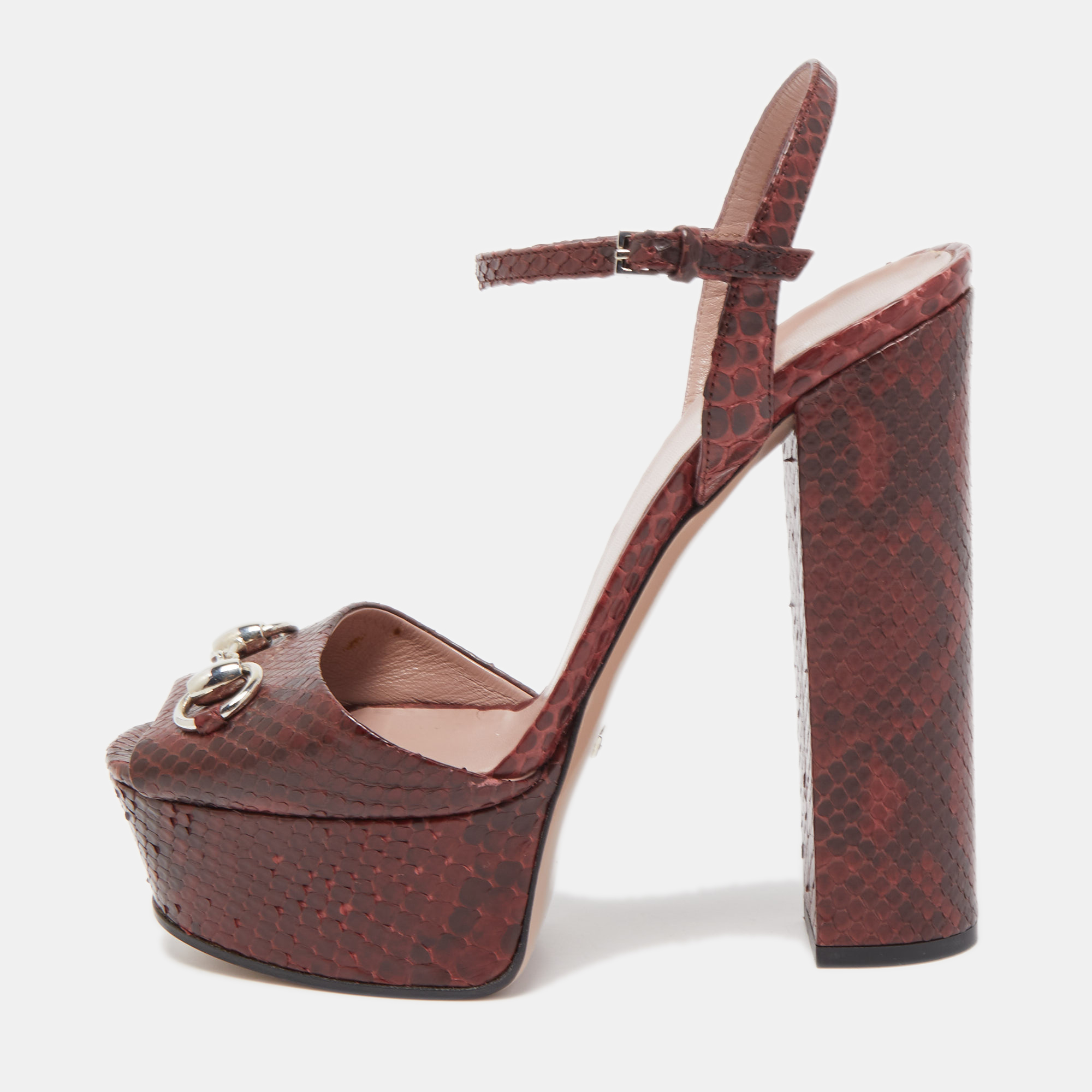 Gucci Red Python Leather Claudie Horsebit Platform Block Heel Ankle Strap  Sandals Size 38.5