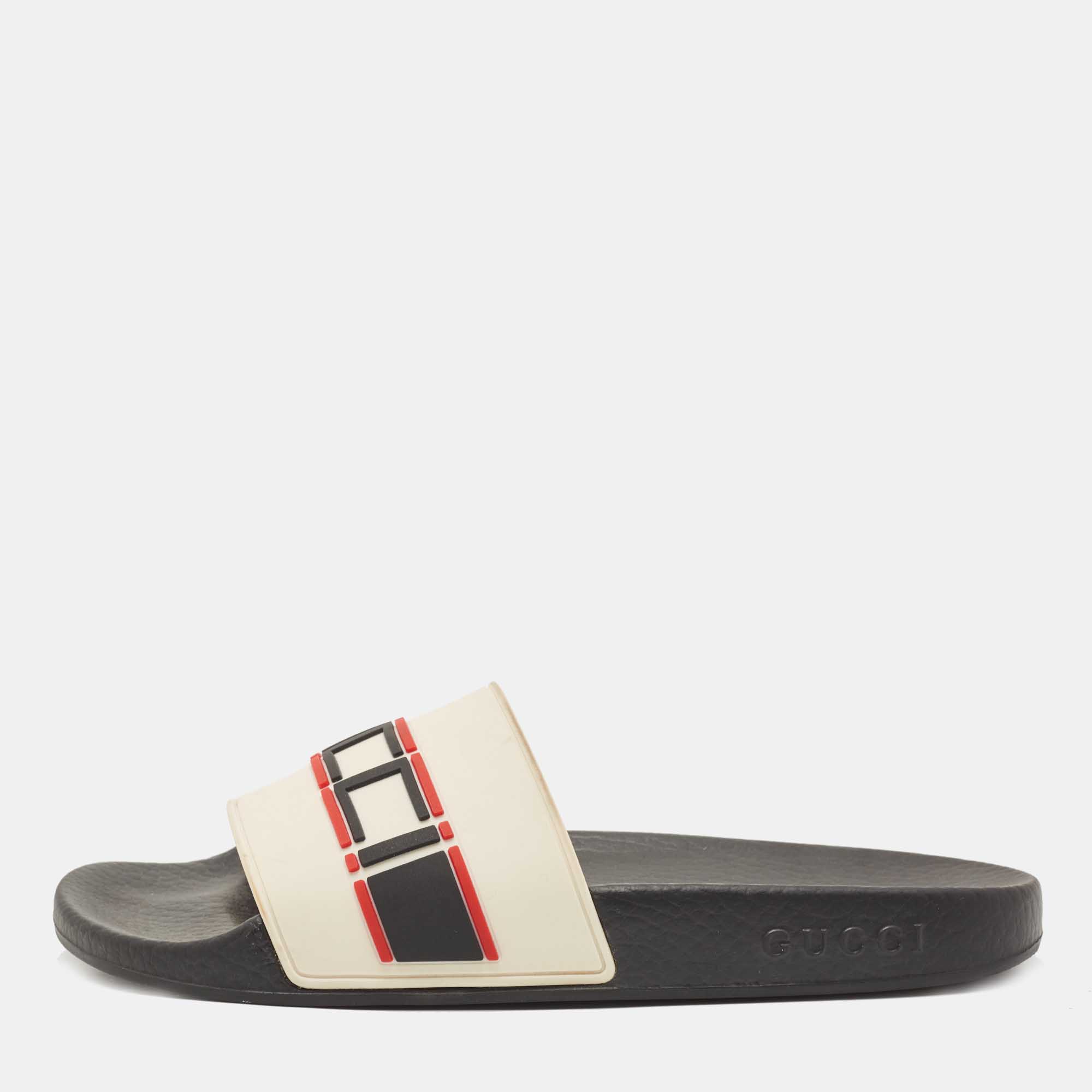 Pre-owned Gucci Off White Rubber Logo Slides Size 38