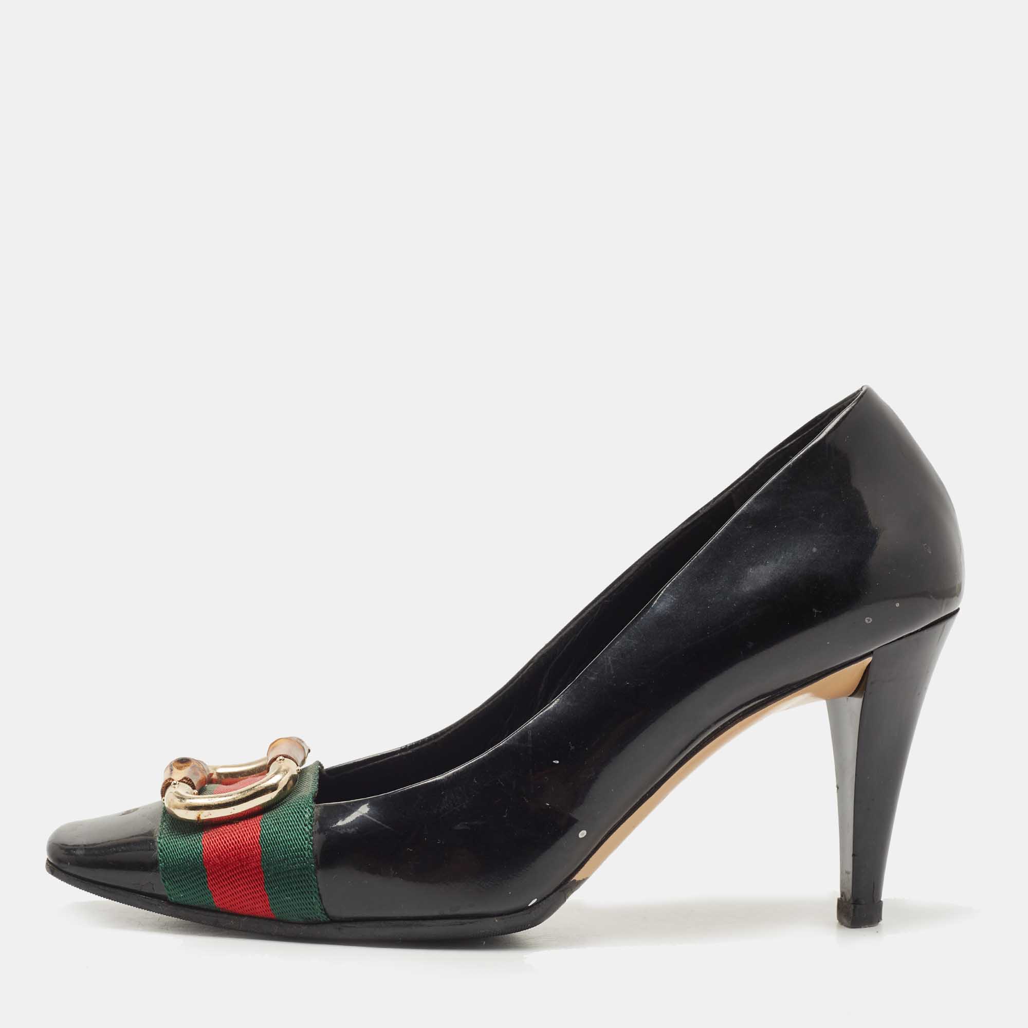 

Gucci Black Patent Leather and Canvas Web Bamboo Buckle Pumps Size