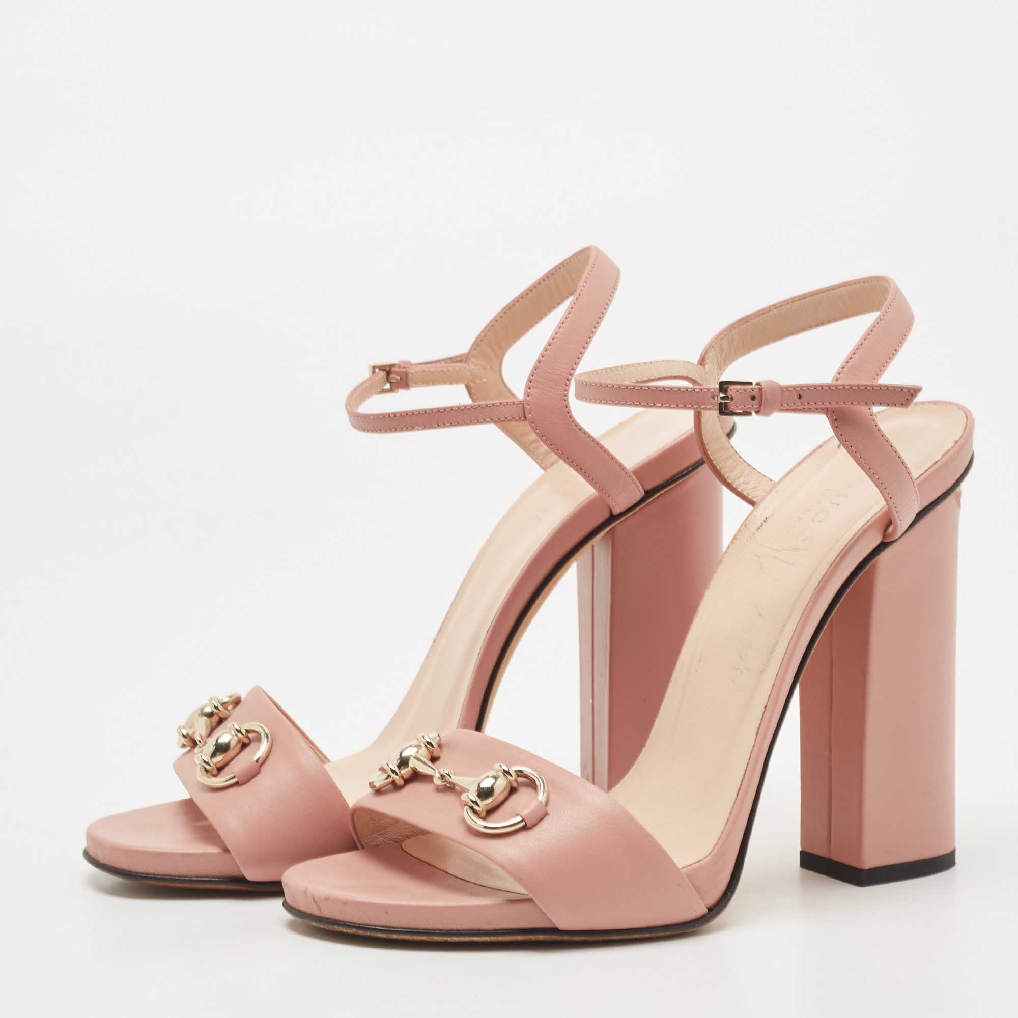 

Gucci Pink Leather Horsebit Ankle Strap Sandals Size