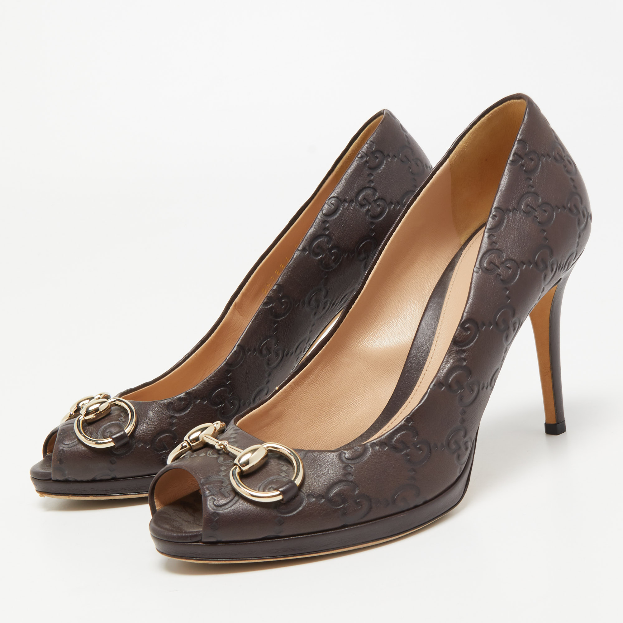 

Gucci Brown GG Leather Hollywood Horsebit Peep Toe Pumps Size