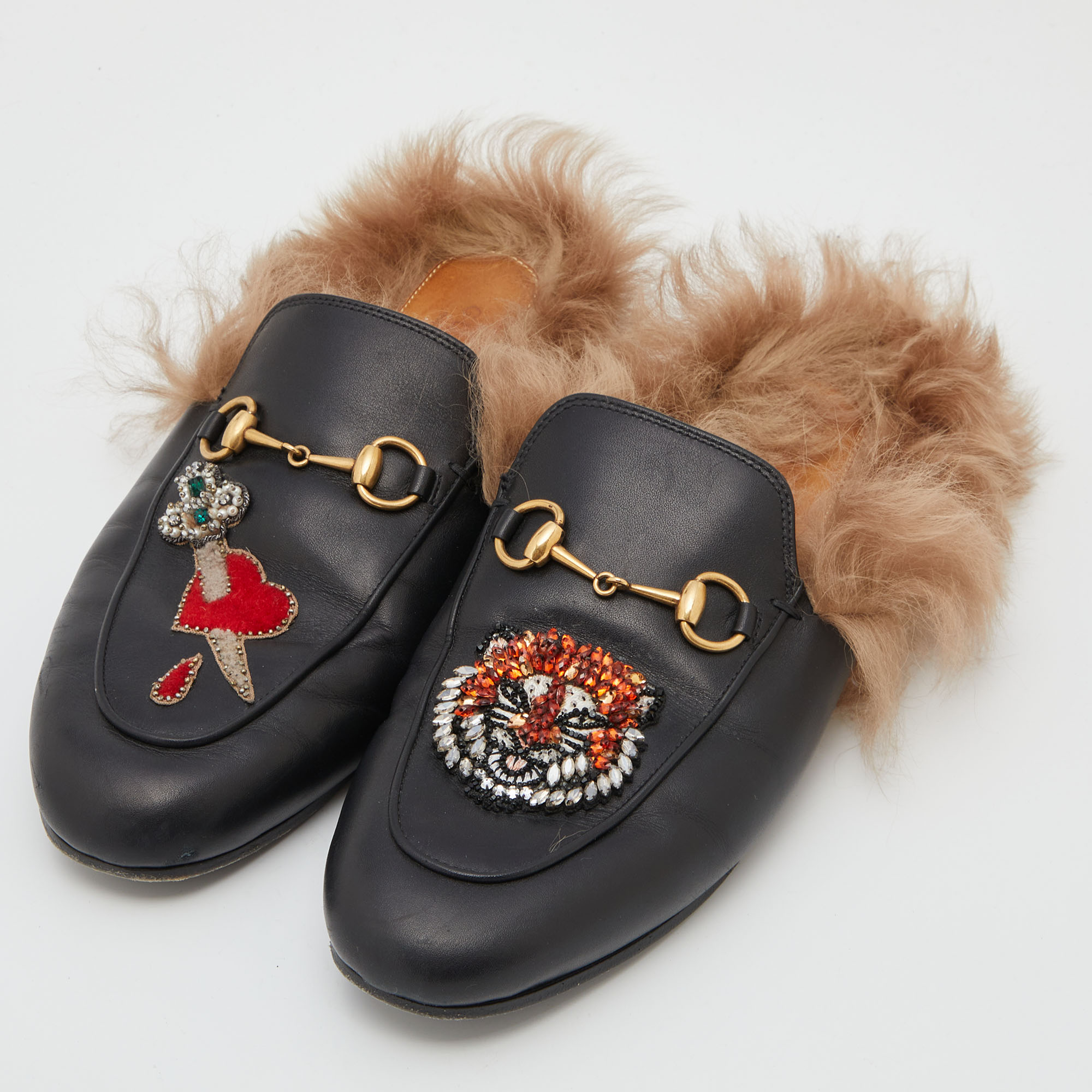 

Gucci Black Tiger Embroidered Leather and Fur Princetown Flat Mules Size