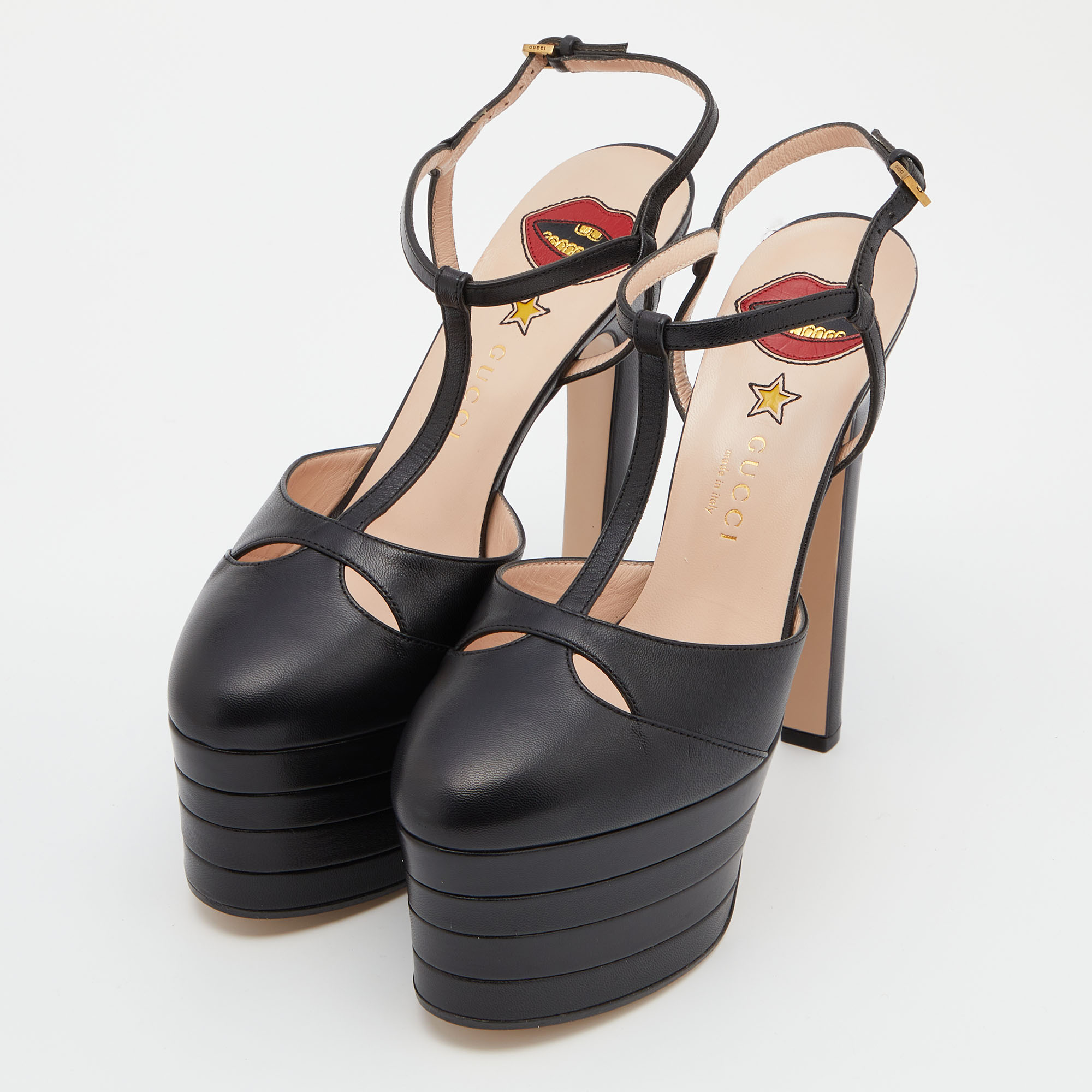 

Gucci Black Leather Angel Platforms T-Strap Sandals Size