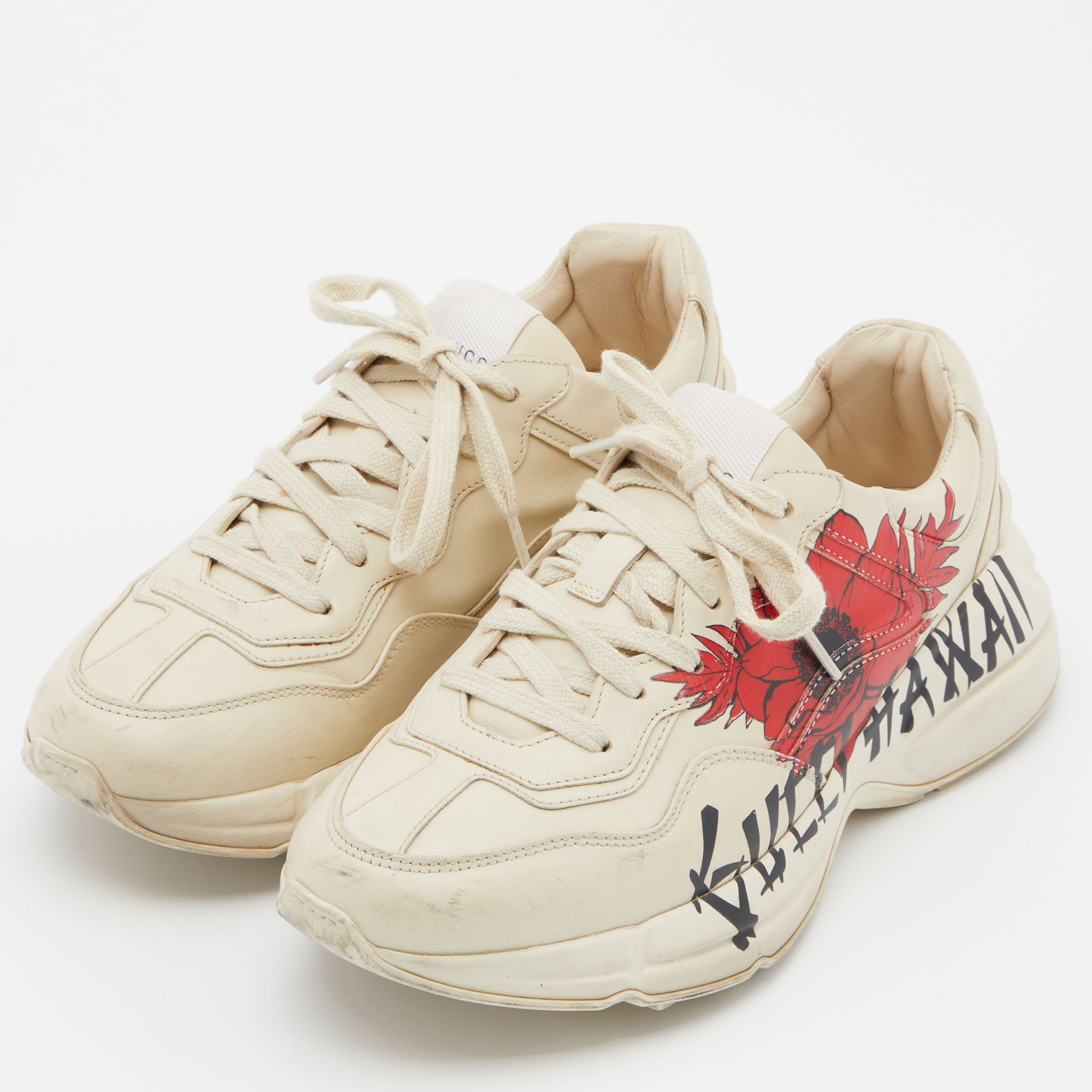 

Gucci Beige Leather Rhyton Hawaii Print Low Top Sneakers Size