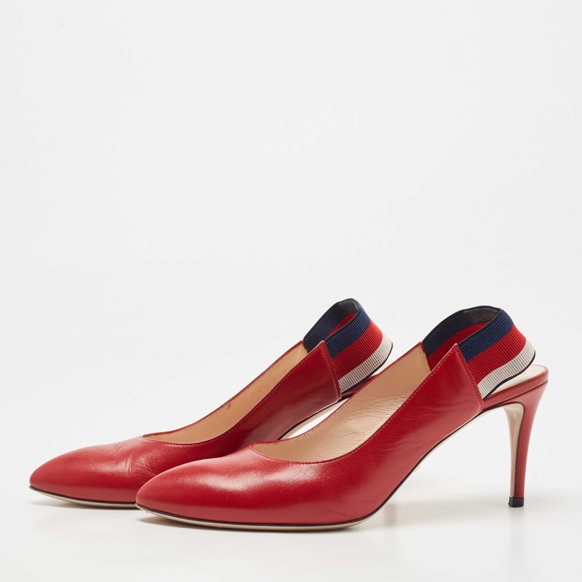 

Gucci Red Leather Sylvie Web Slingback Pumps Size